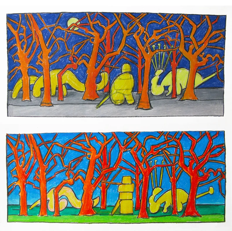 Buddha in the Woods , two studies, colored pencil, 2015