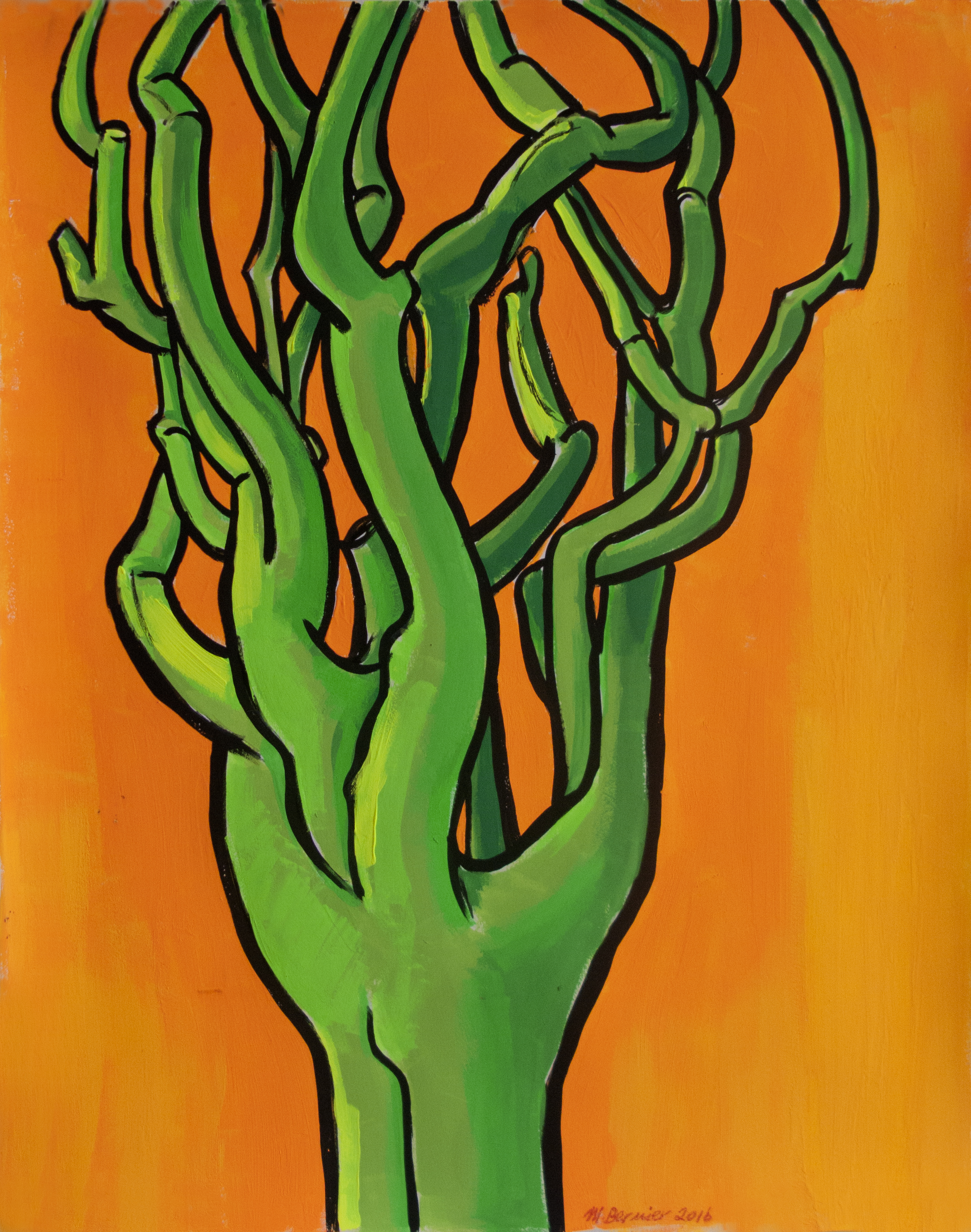    Green Pine (Orange Background) ,  24 x 19 in, gouache, 2016 