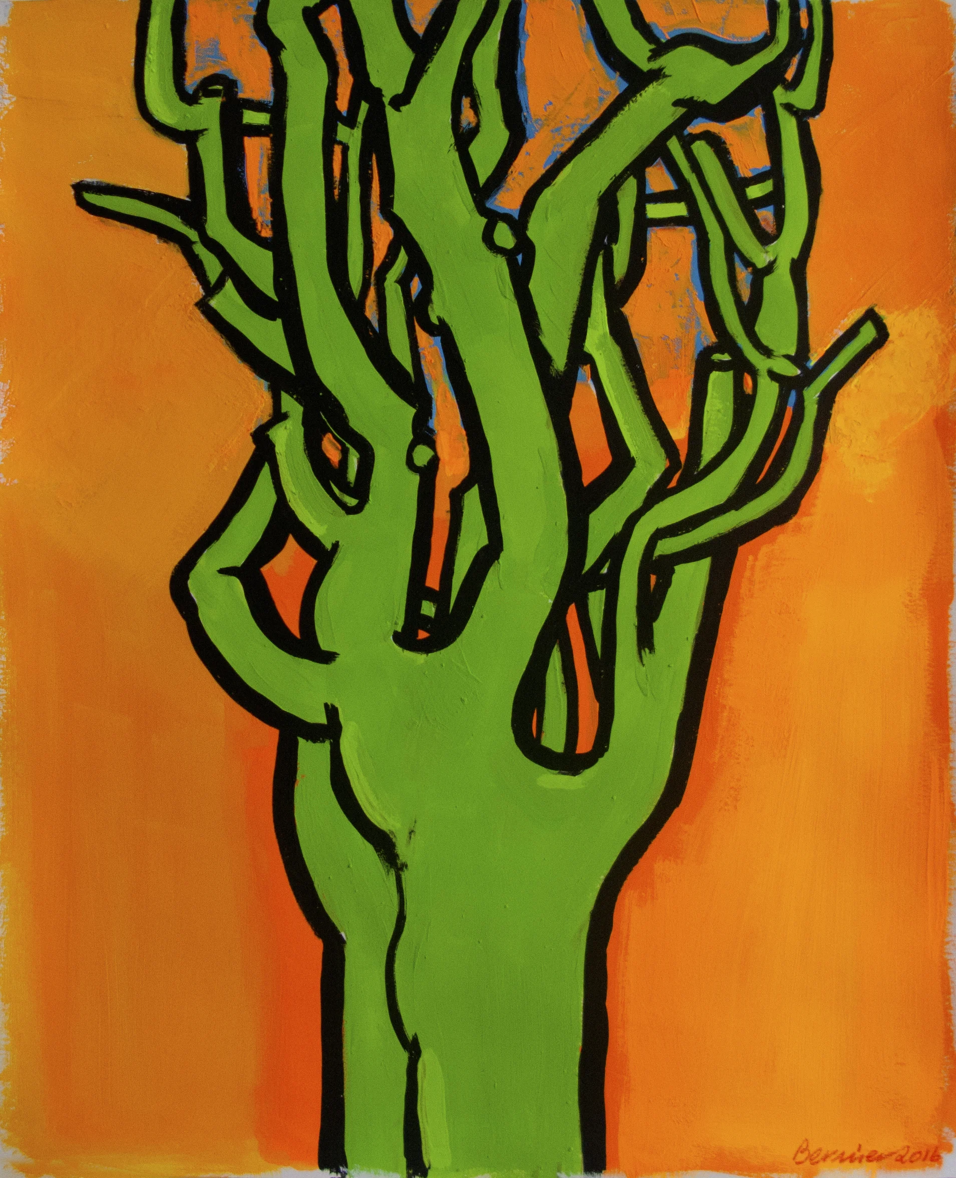 Green Pine (Orange Background) , 17 x 14 inches, gouache, 2016