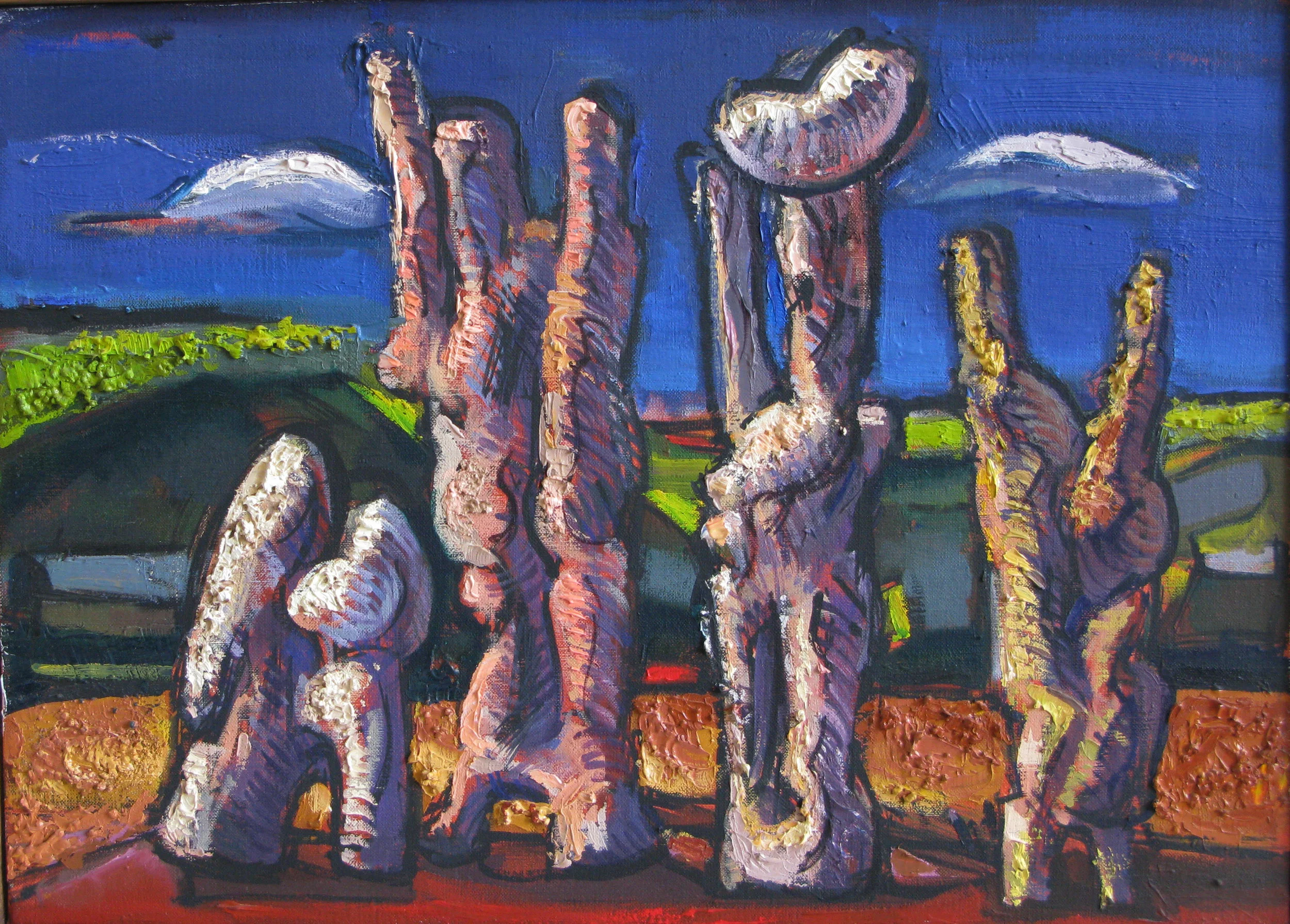 Group, oil & sand on canvas, 10 x 14 inches, 2001
