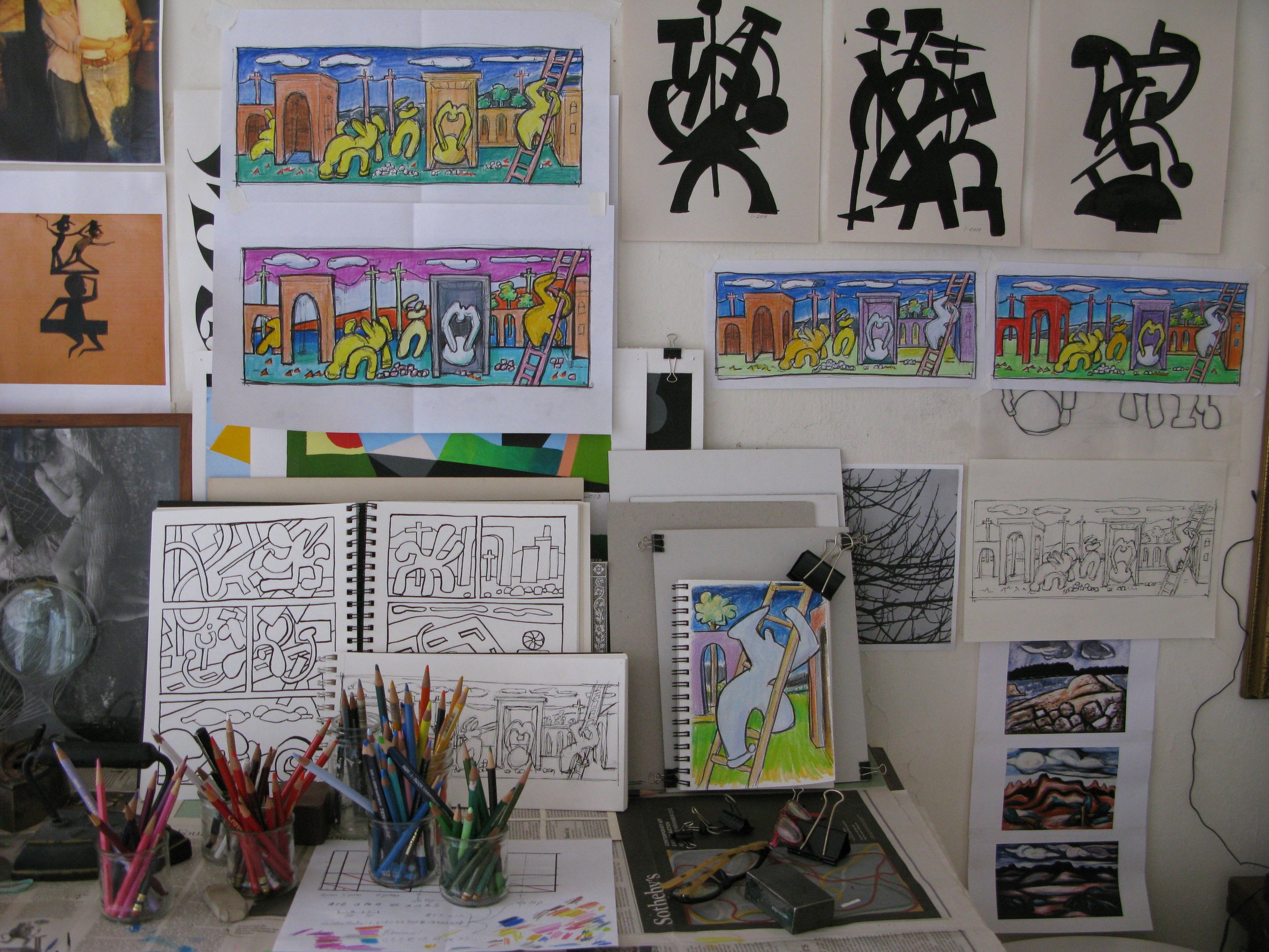 Studio with sketches for "Visitors"