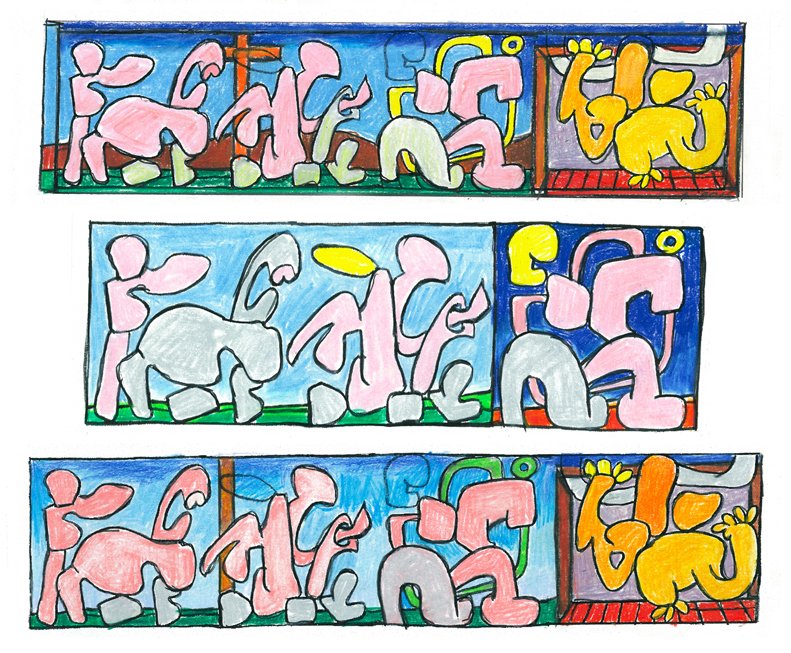    Hobbyhorse Procession ,  three studies, colored pencil, 2015 