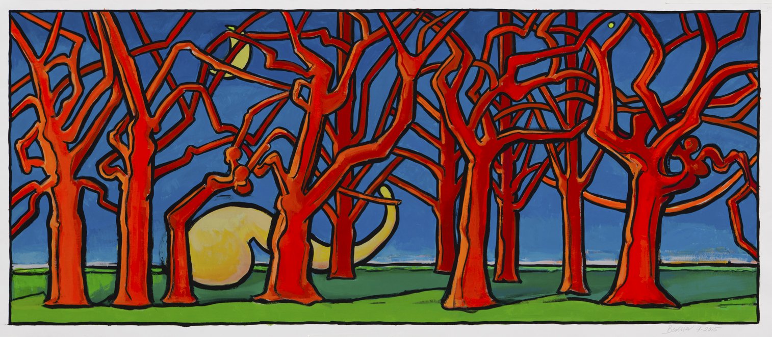    Red Trees &amp; Moon,   gouache, 24 x 55 in, 2015 