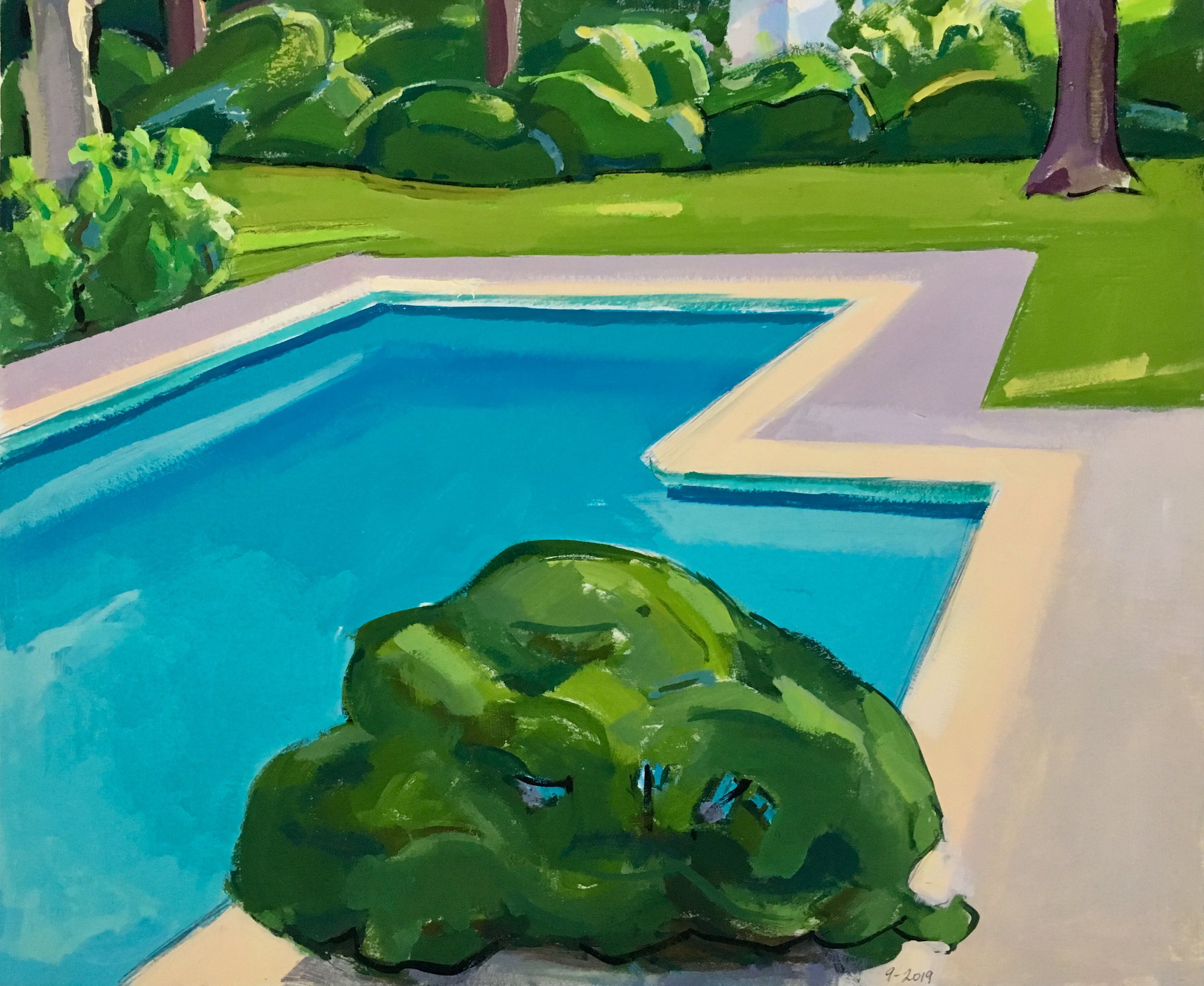    Pool with Shrub,   gouache, 14 x 17 in, 2019   