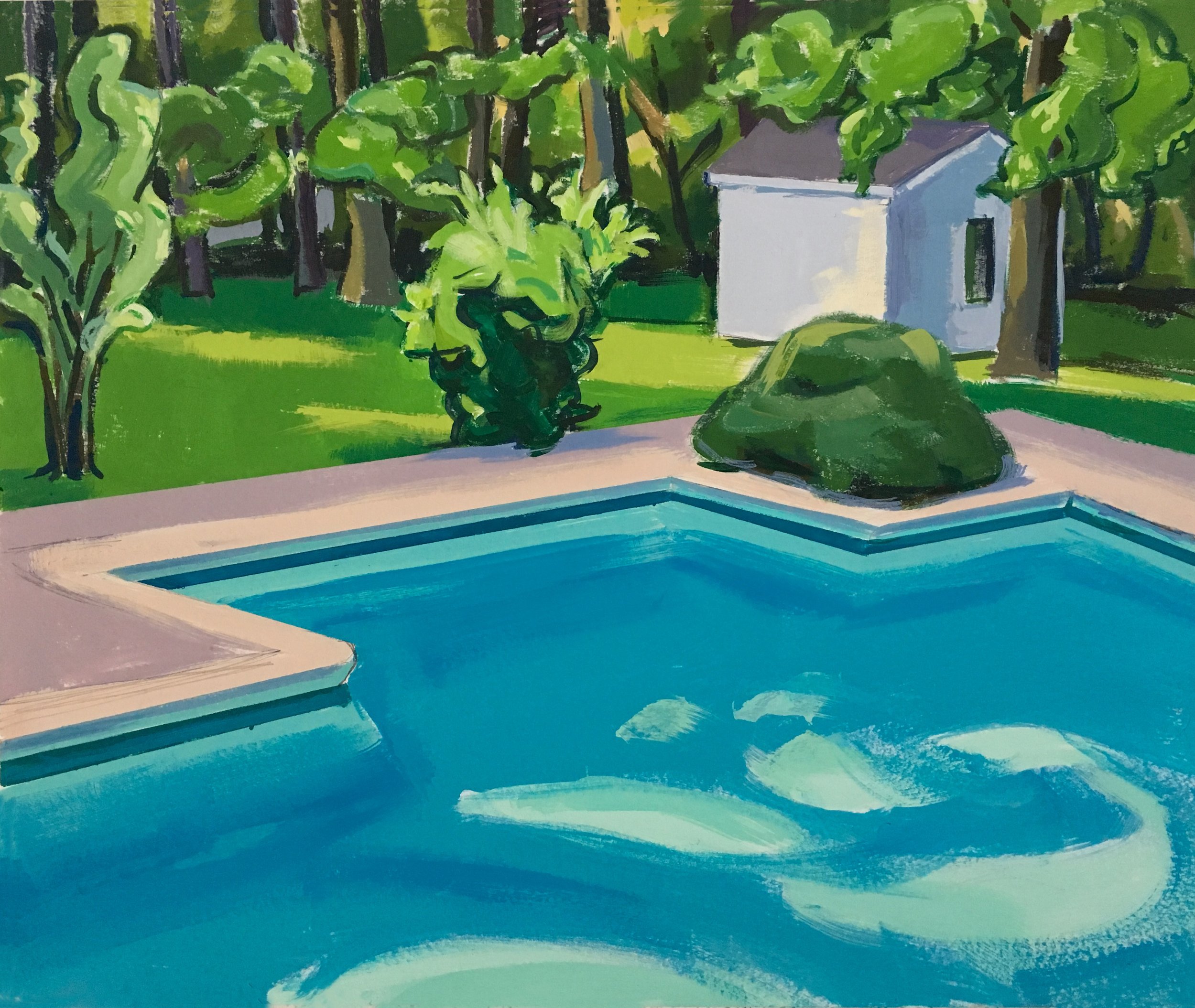    Pool with Shed,   gouache, 14 x 17 in, 2019   