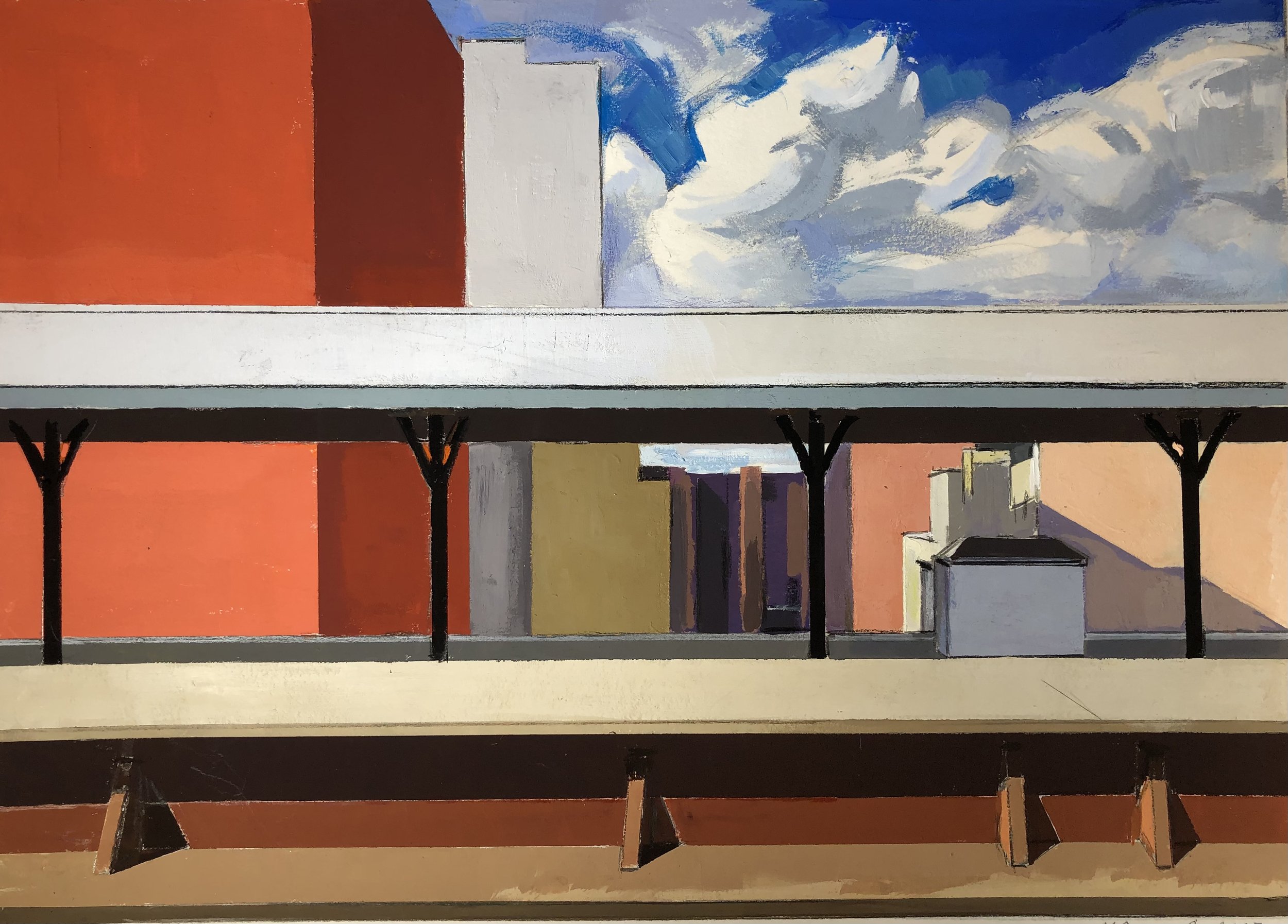    Metro North Harlem Station with Clouds I,   gouache,                               9 3/8 x 13 in, 2023   