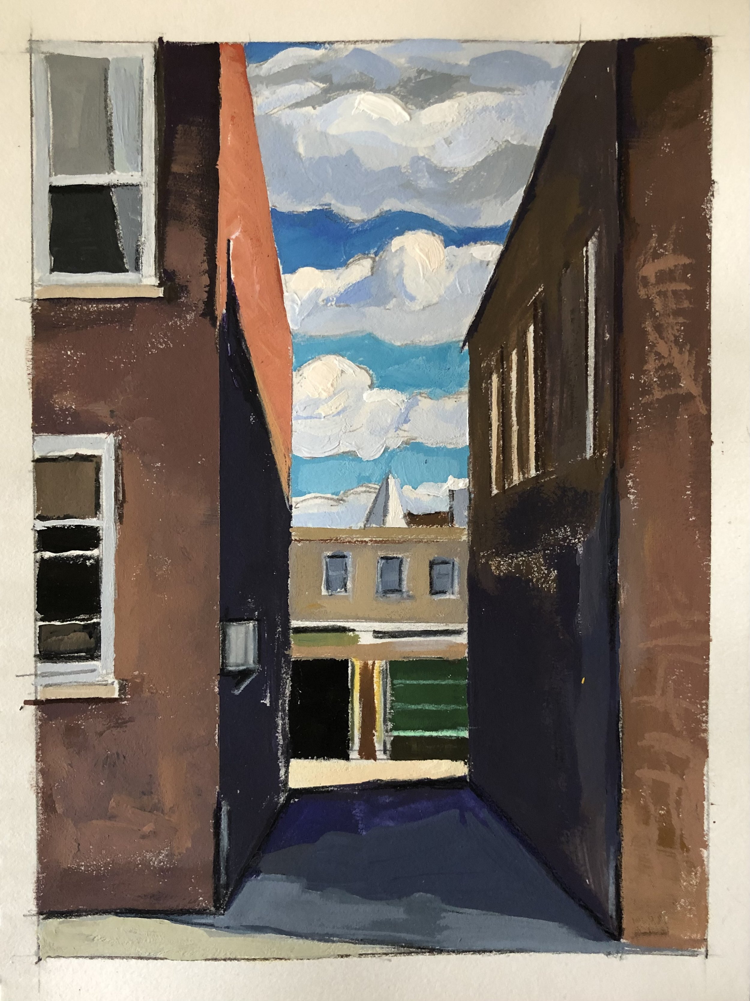    Bushwick Alley,    sketch, gouache, 6 7/8 x 5 in, 2022     