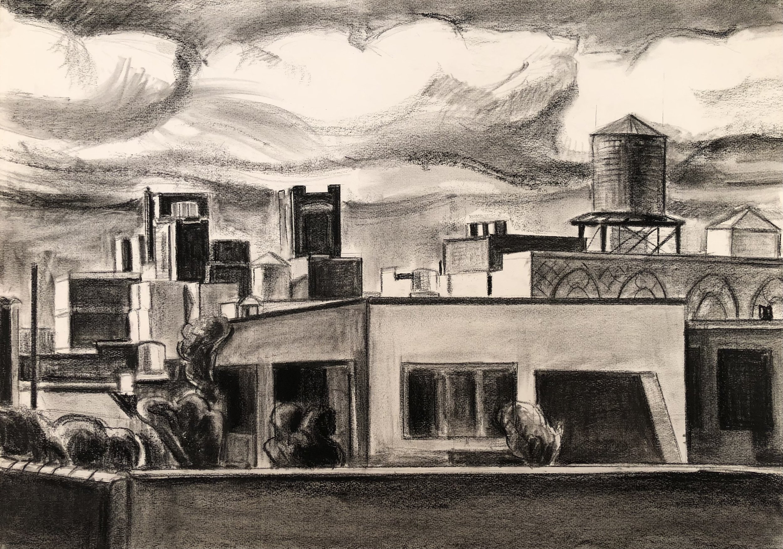    Rooftops View from The Studio,   charcoal and conte,                              19 1/4 x 27 3/4 in, 2023   