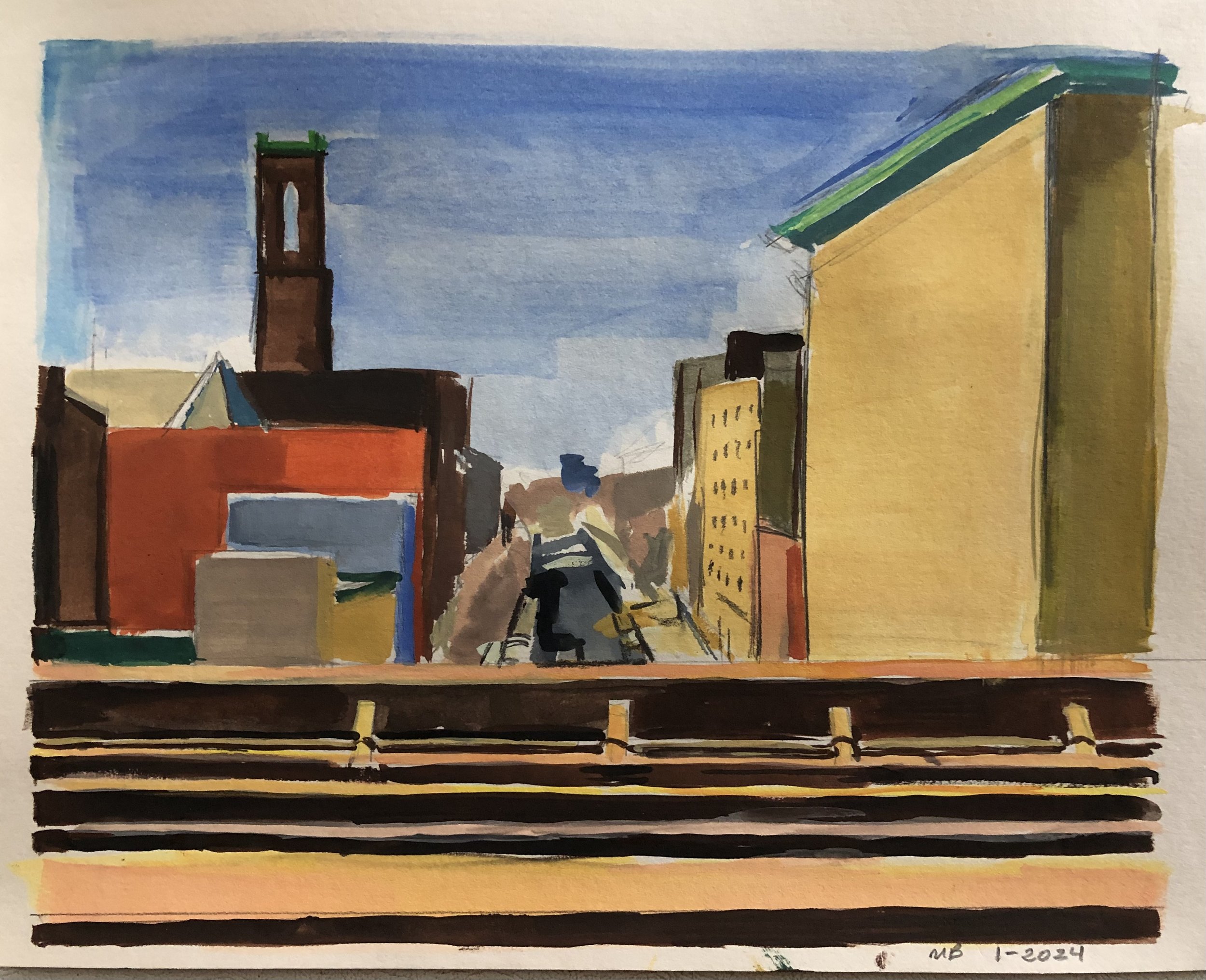    129th Street from the Metro North Train,   Japanese watercolor, 7 ⅝ x 9 ½ in, 2024    