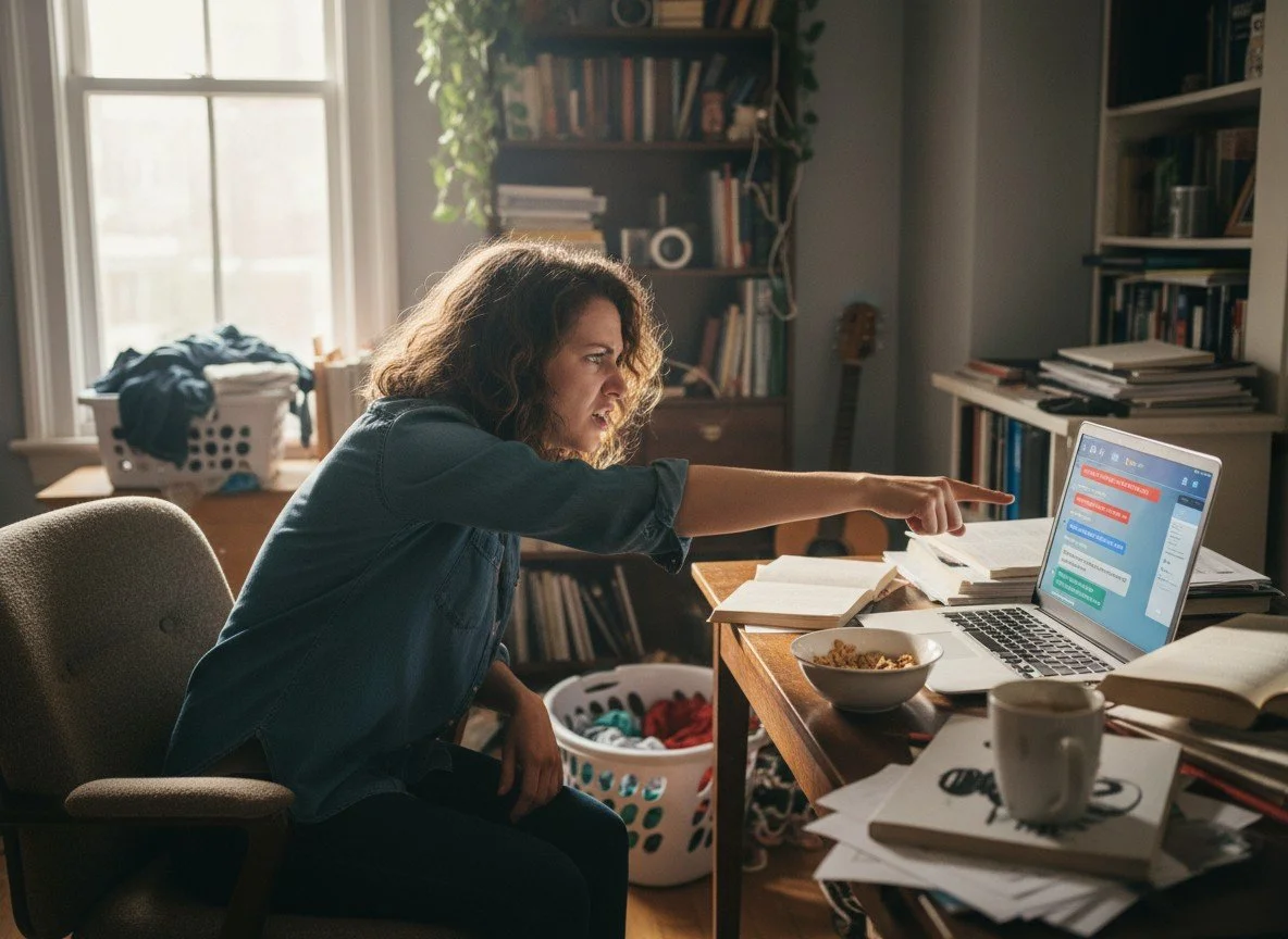 A woman argues with AI on her laptop