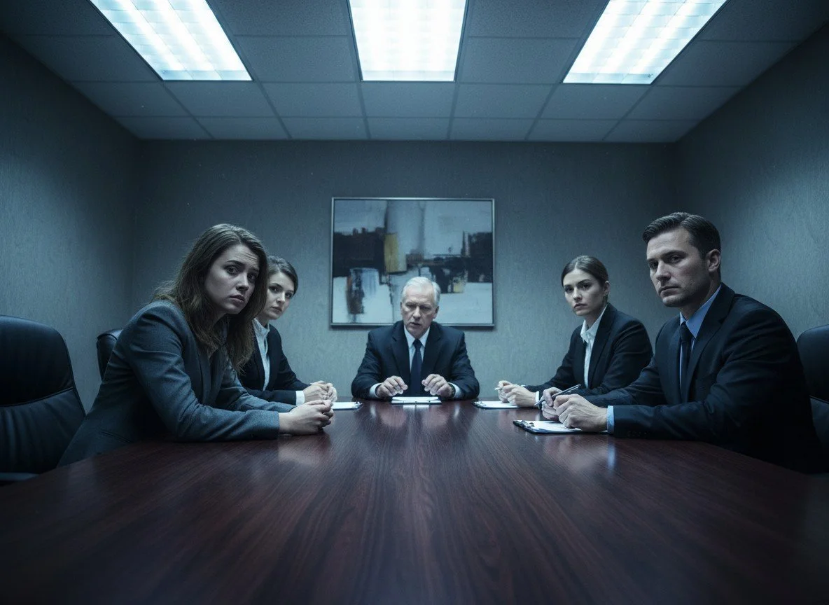 An interview panel in a grey room stares cynically at the candidate.