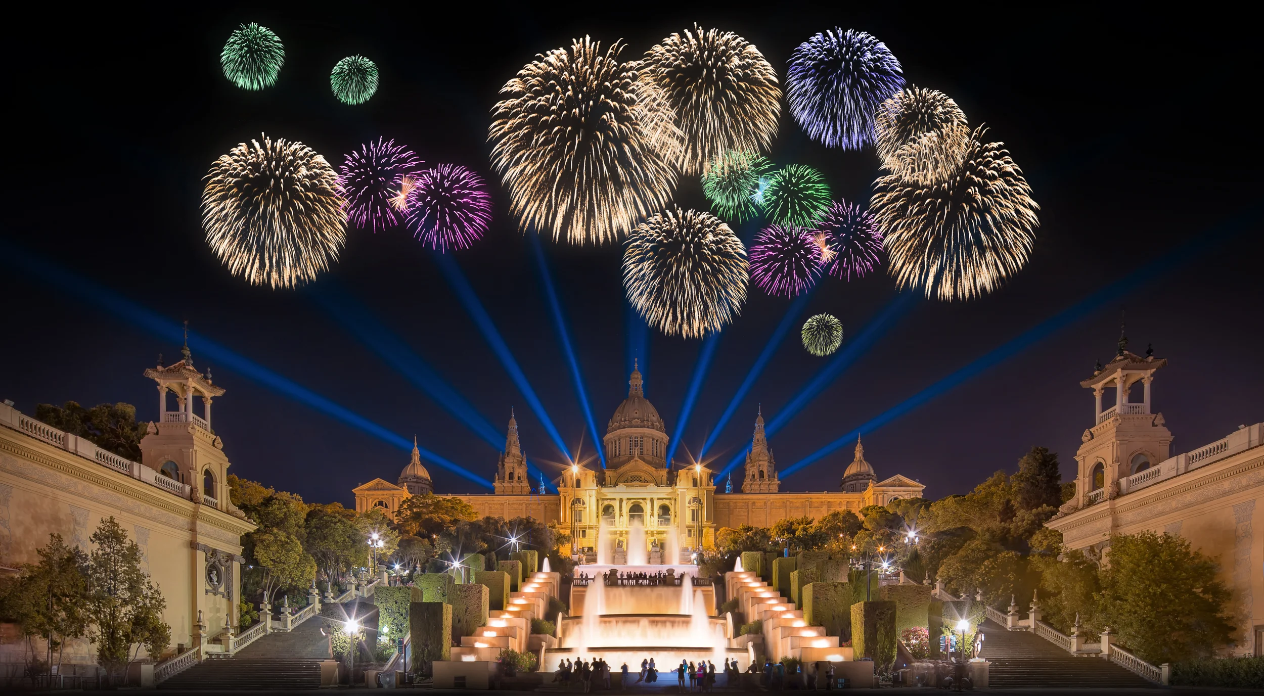 Beautiful fireworks over the Magic Fountain in Barcelona, Catalonia, Spain