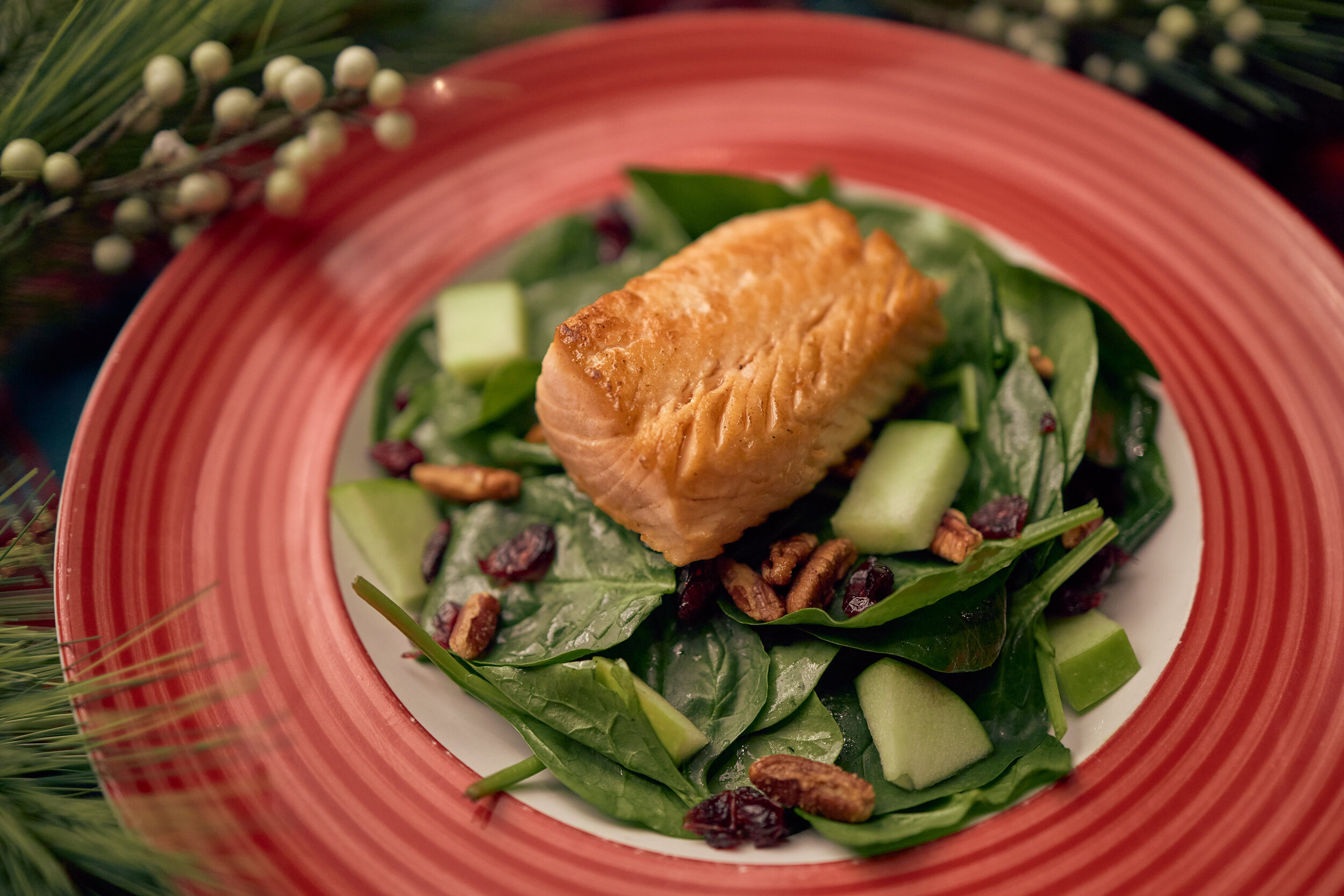 Cold Salmon Winter Salad – Spinach, Apples, Pecans, Cranberries, and a Raspberry Vinaigrette