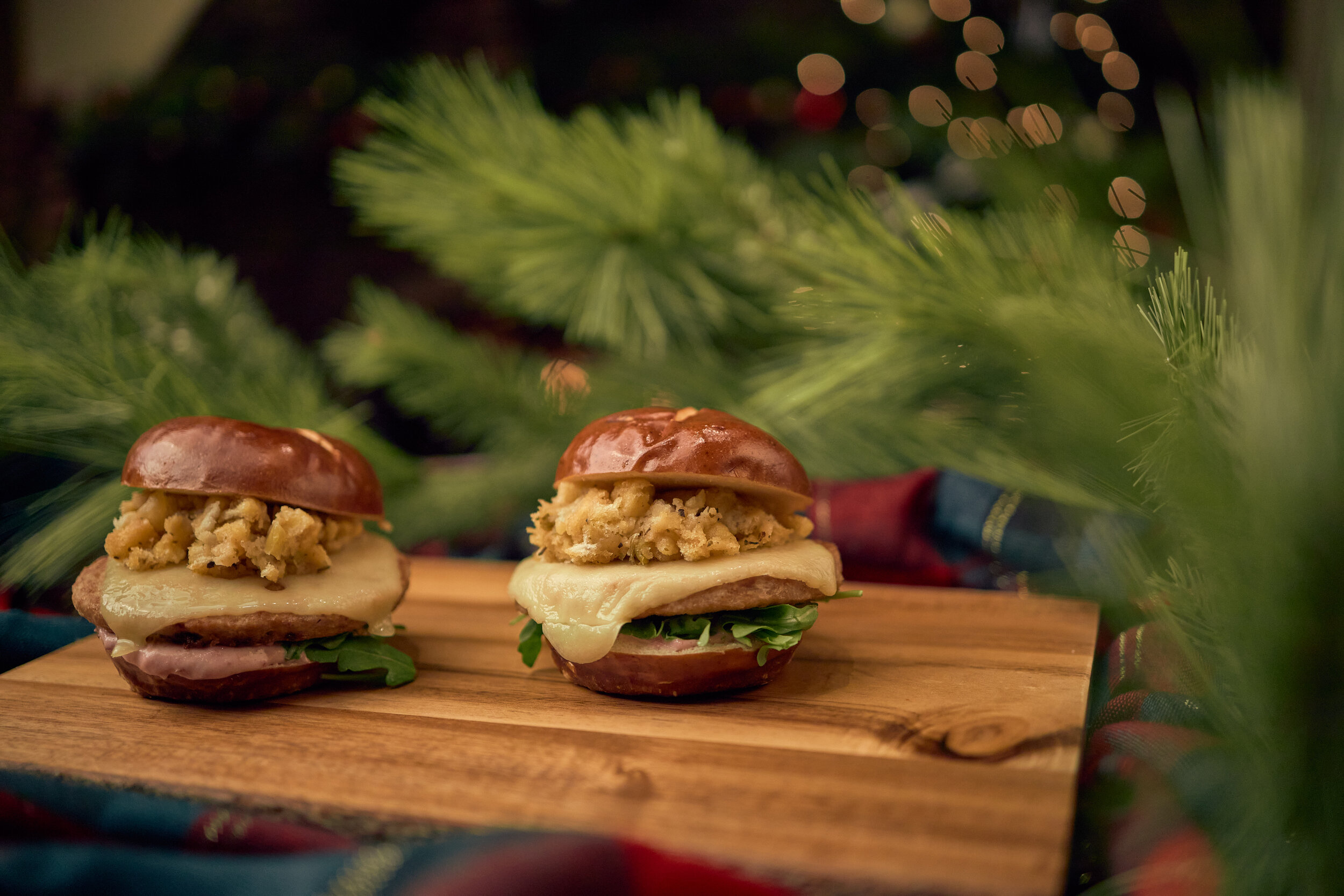 Vixen’s Turkey Burger with Cheese, Cranberry Mayo and Stuffing on a Pretzel Bun