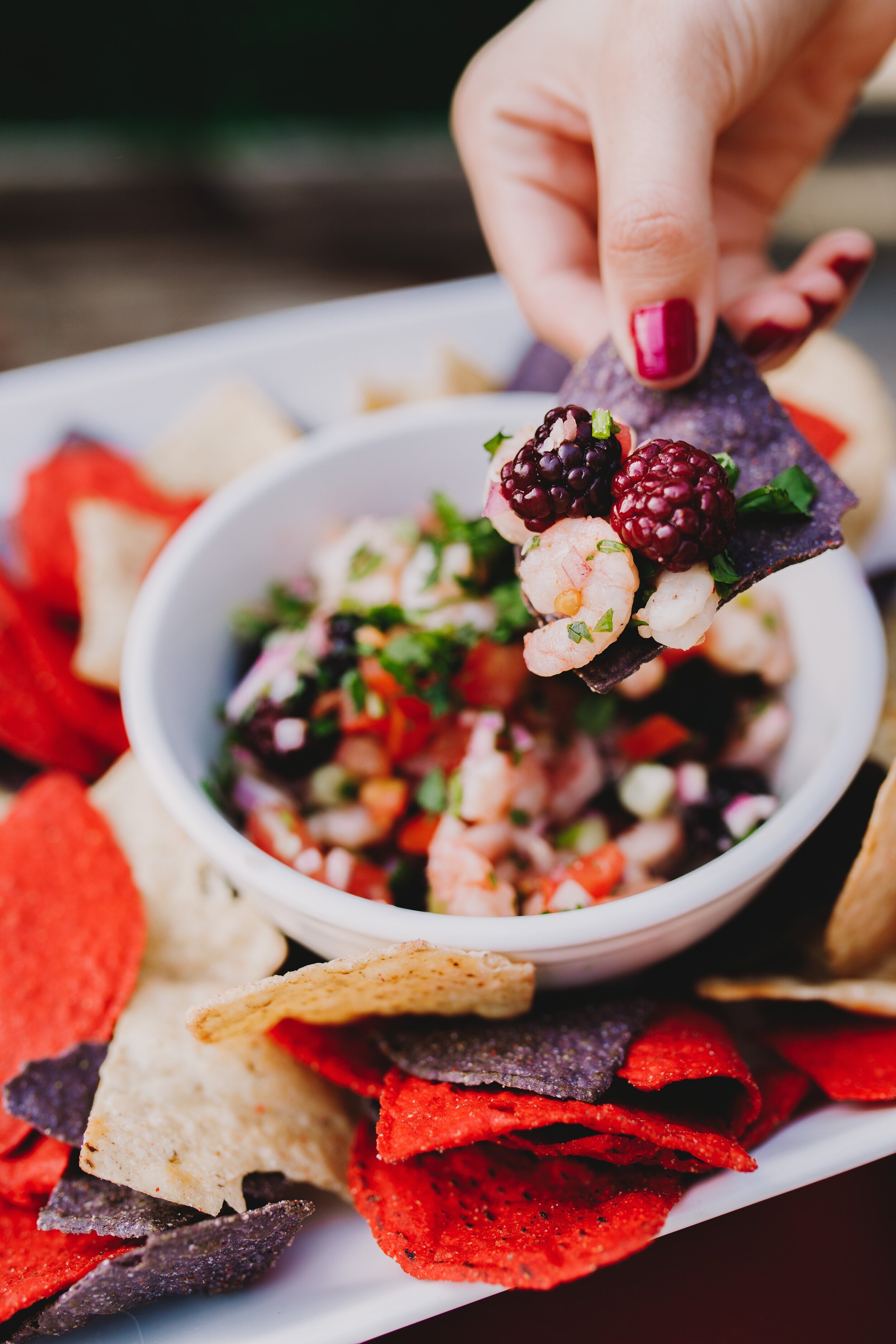 Boysenberry Shrimp Ceviche with Tortilla Chips