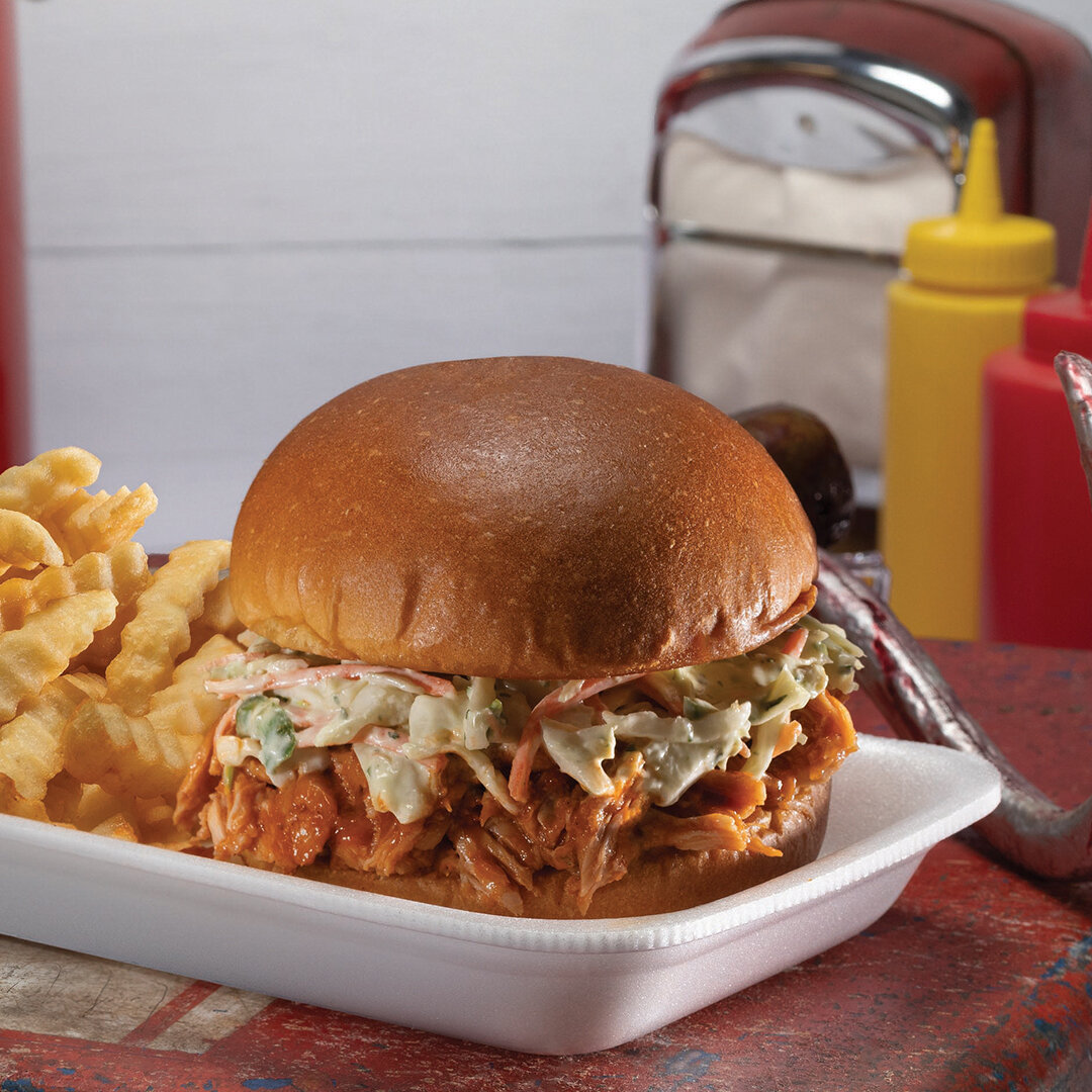  BBQ Pulled Chicken Sandwich served with crinkle cut fries