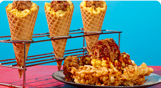 Lucy Van Pelt’s Mac and Cheese Waffle Cone topped with Pulled Pork