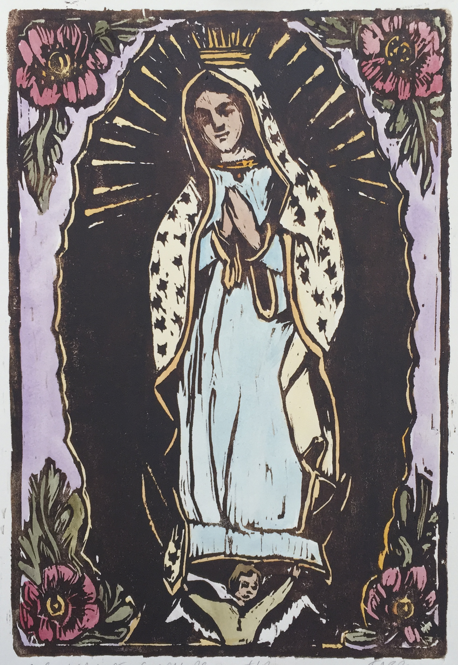  Our Lady of Guadalupe   woodblock print with hand-coloring  unique edition  8x12"  2015 
