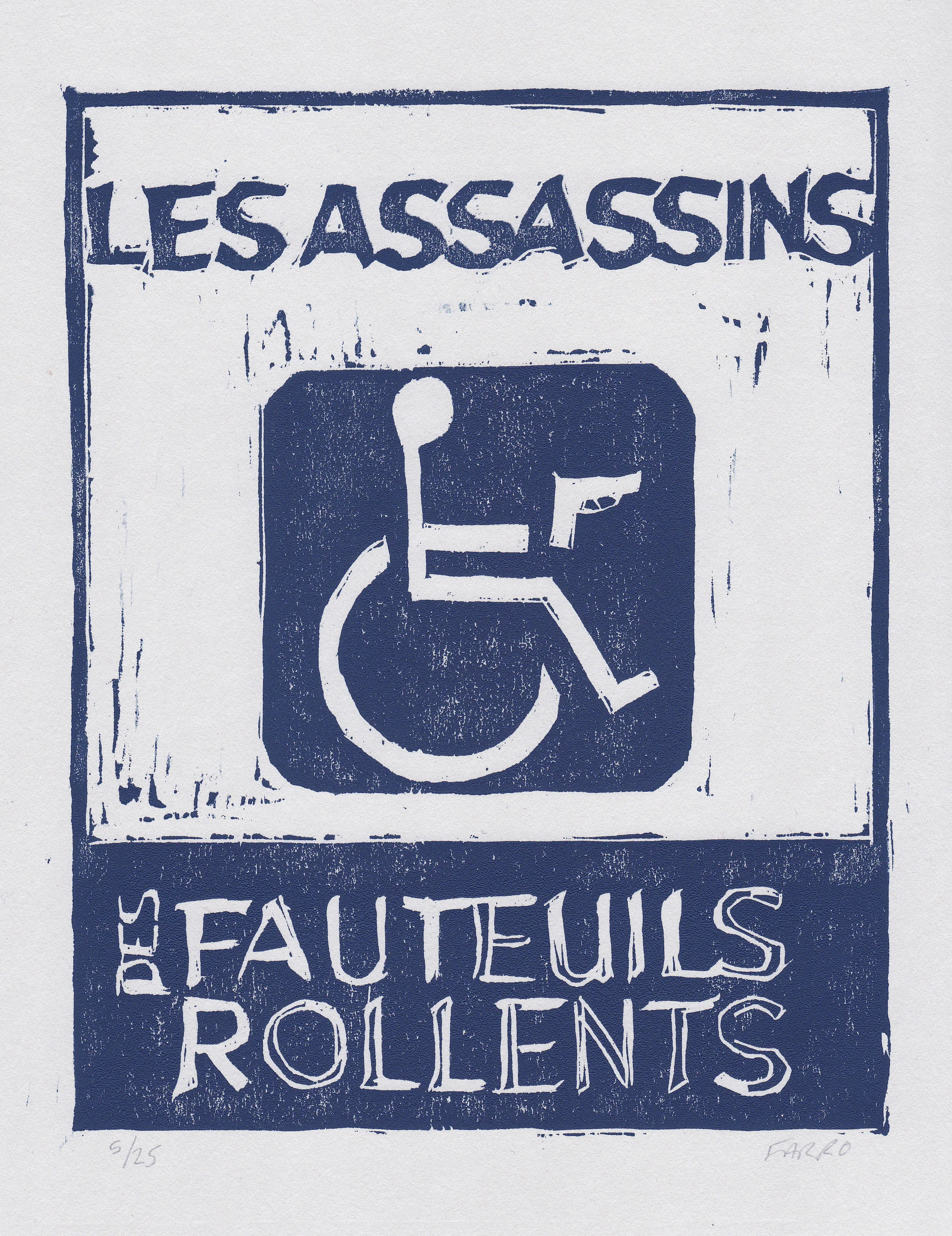 Les Assassins des Fauteuils Rollents woodblock print edition of 25 6.25x8" 2013 purchase