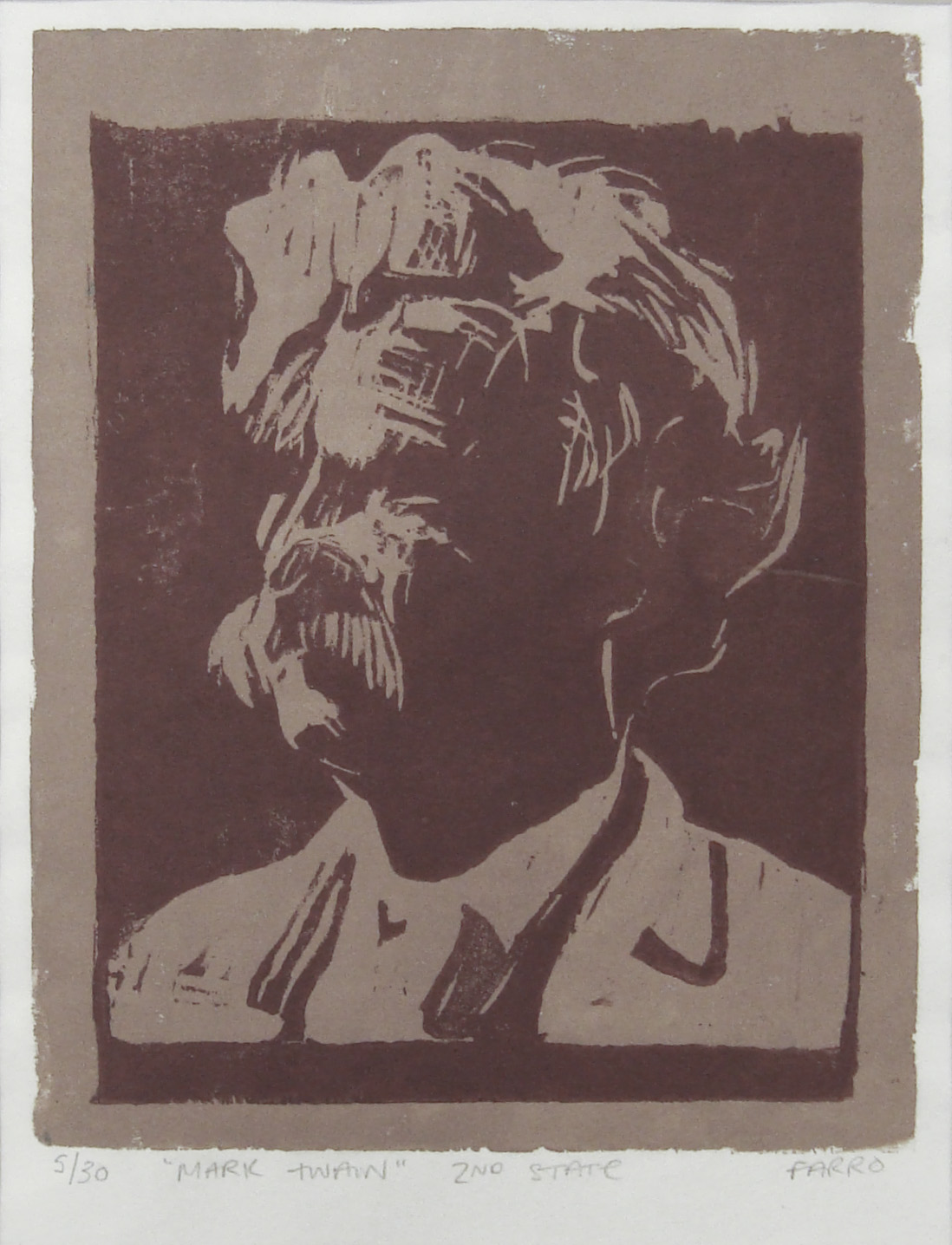   Mark Twain   woodblock print  2nd state  edition of 30  6x7" 