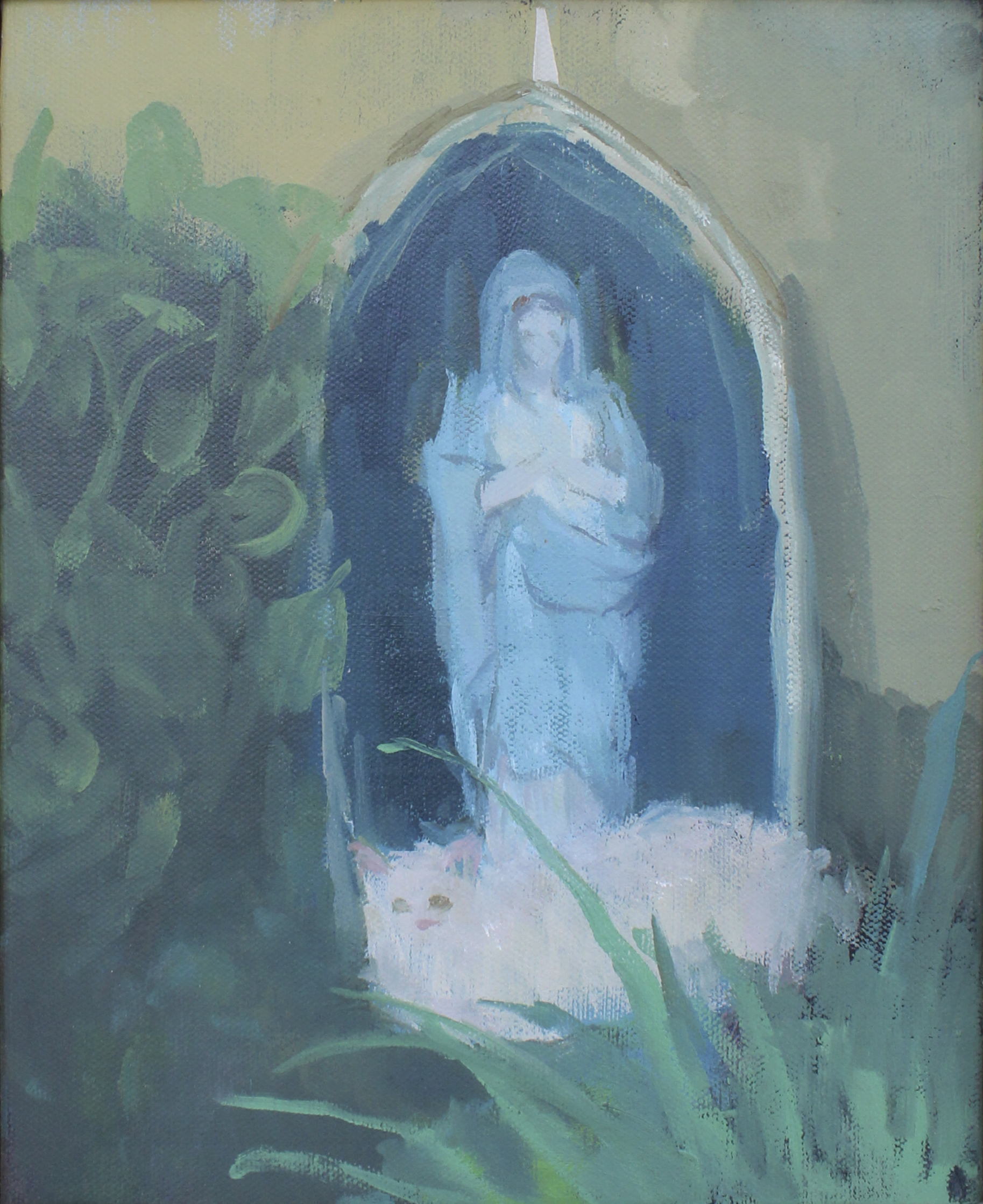    garden with white cat and mother mary     oil on canvas 8x10" 2016  Private collection Tennessee  purchase prints   