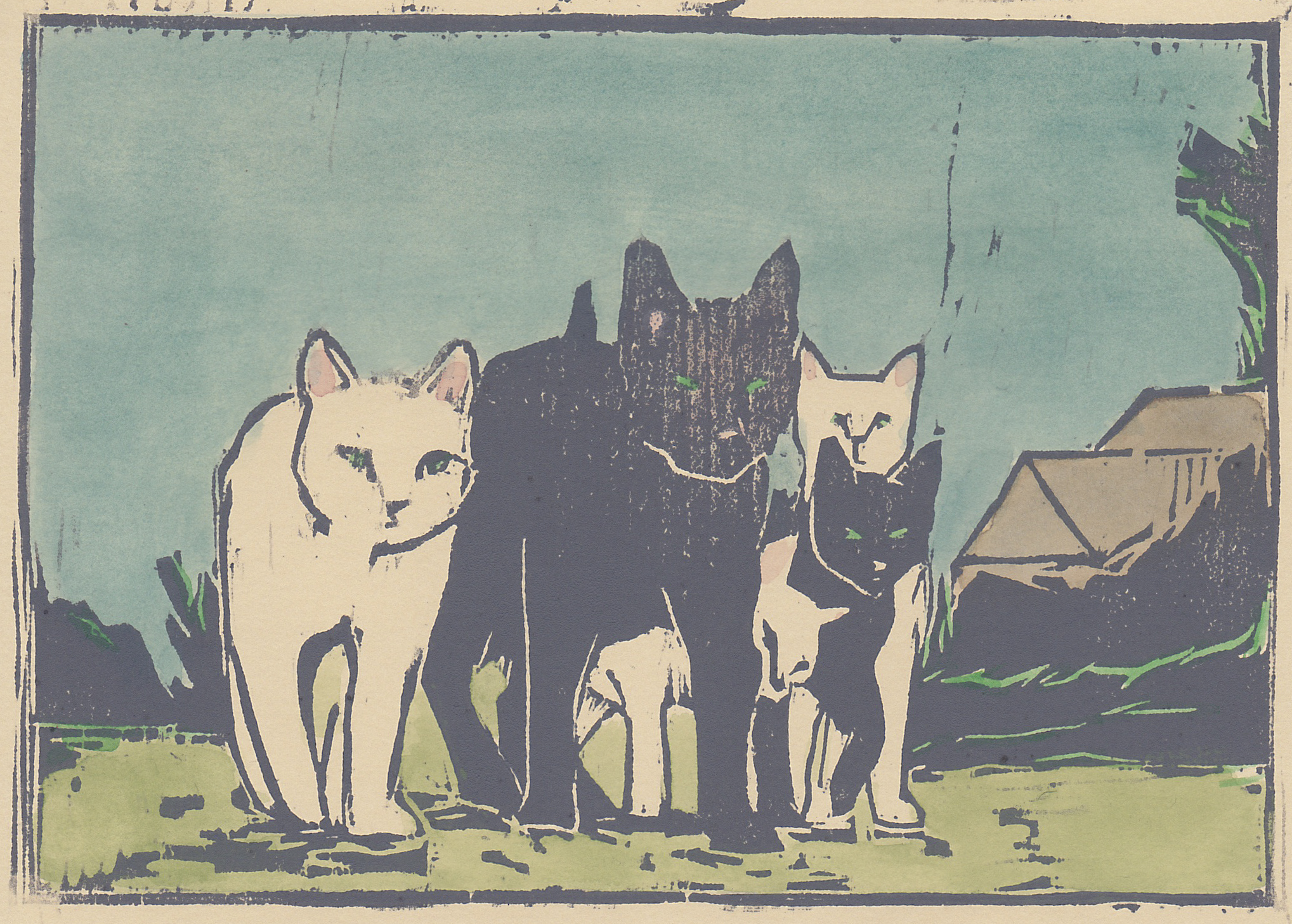   alley cats   woodblock print with hand-coloring  5x7"  2016 