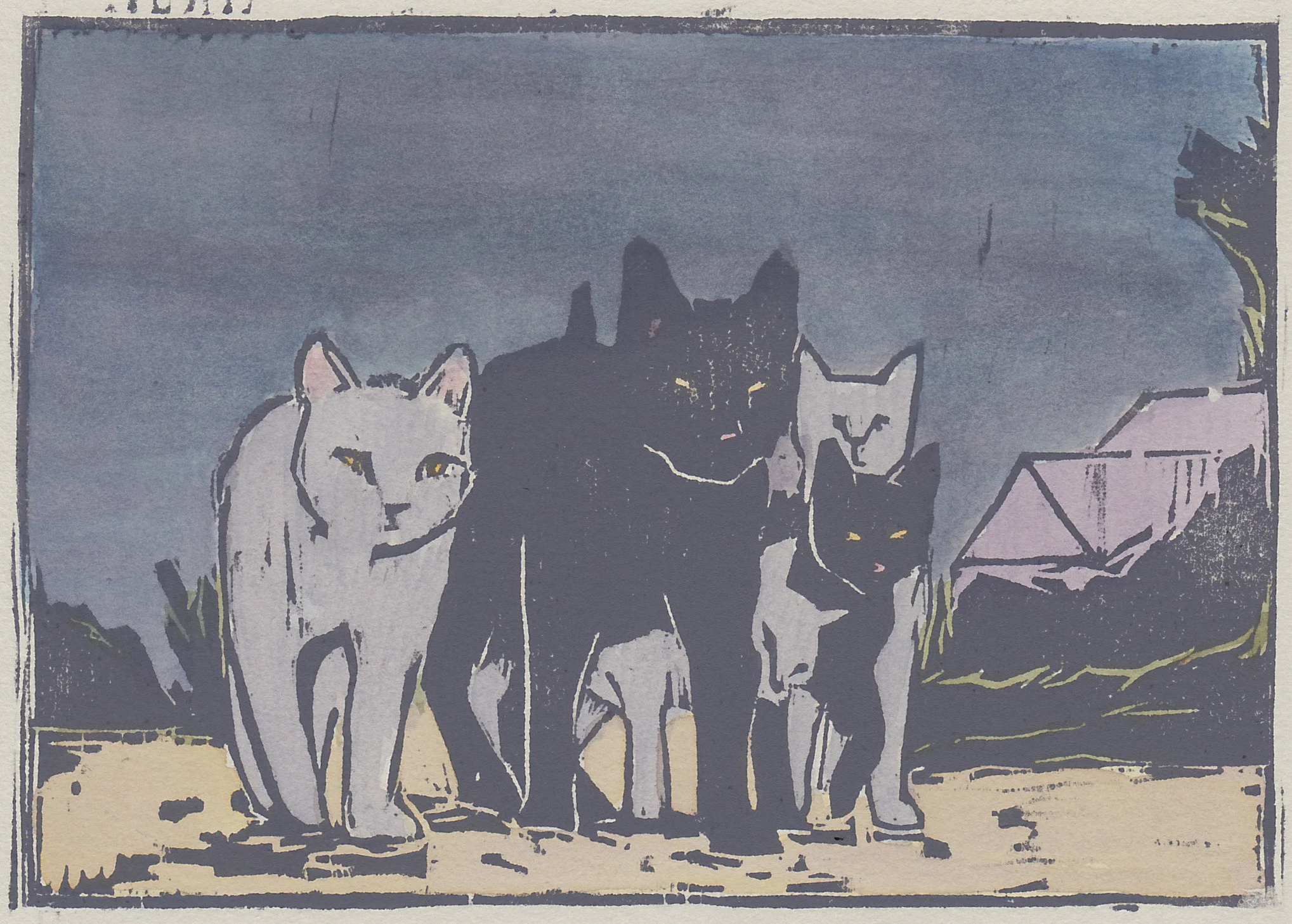alley cats woodblock print with hand-coloring 5x7" 2016 private collection NJ