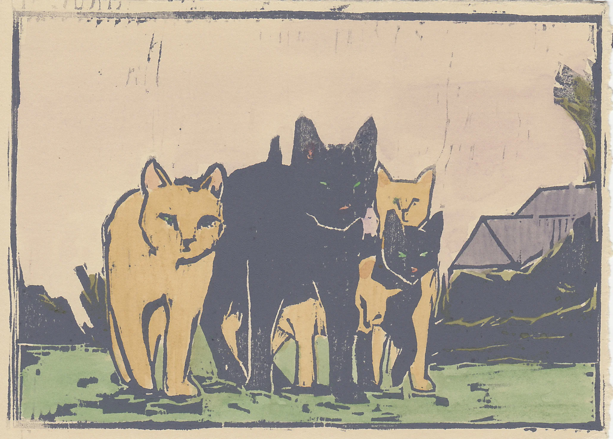 alley cats woodblock print with hand-coloring 5x7" 2016