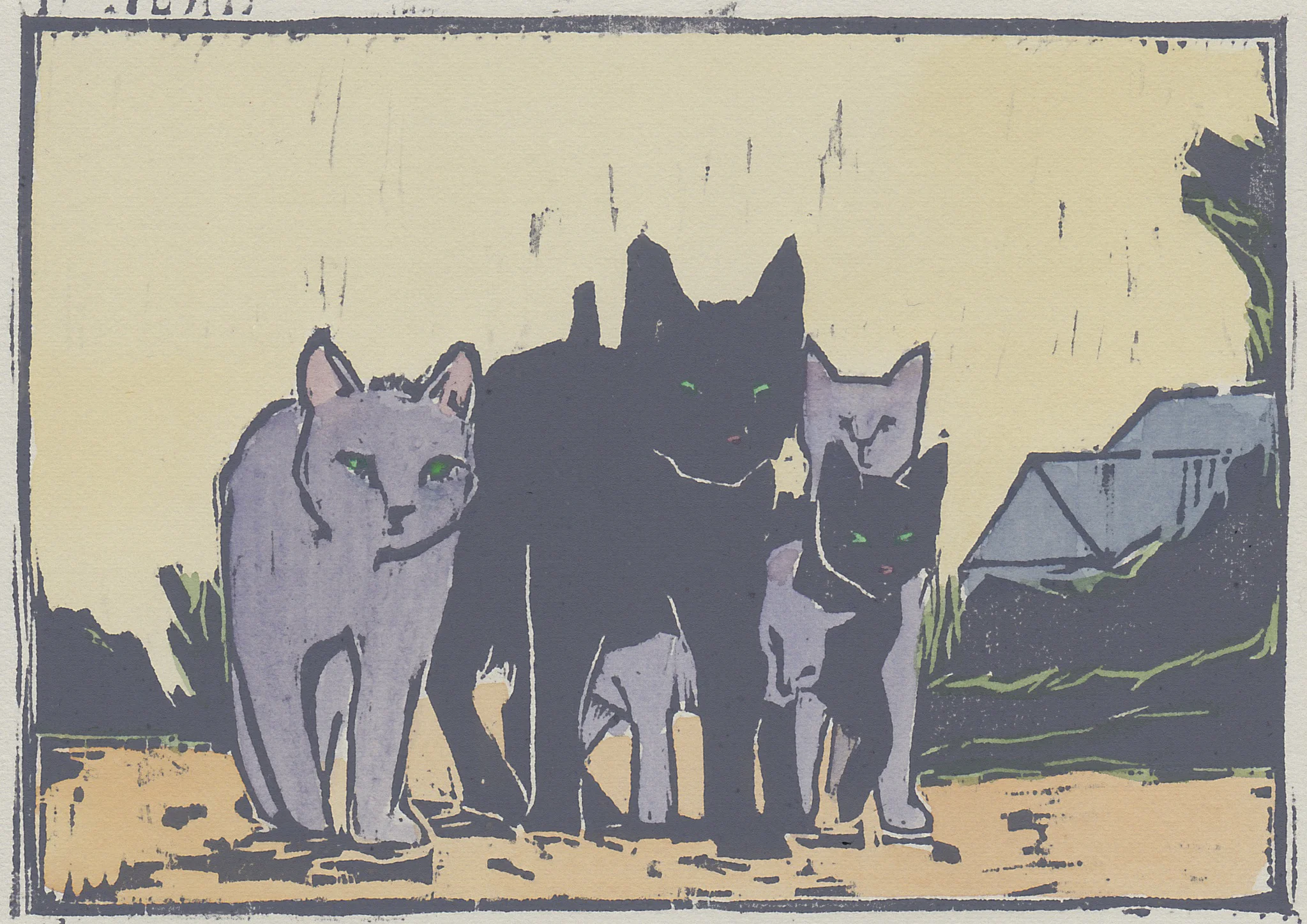 alley cats woodblock print with hand-coloring 5x7" 2016