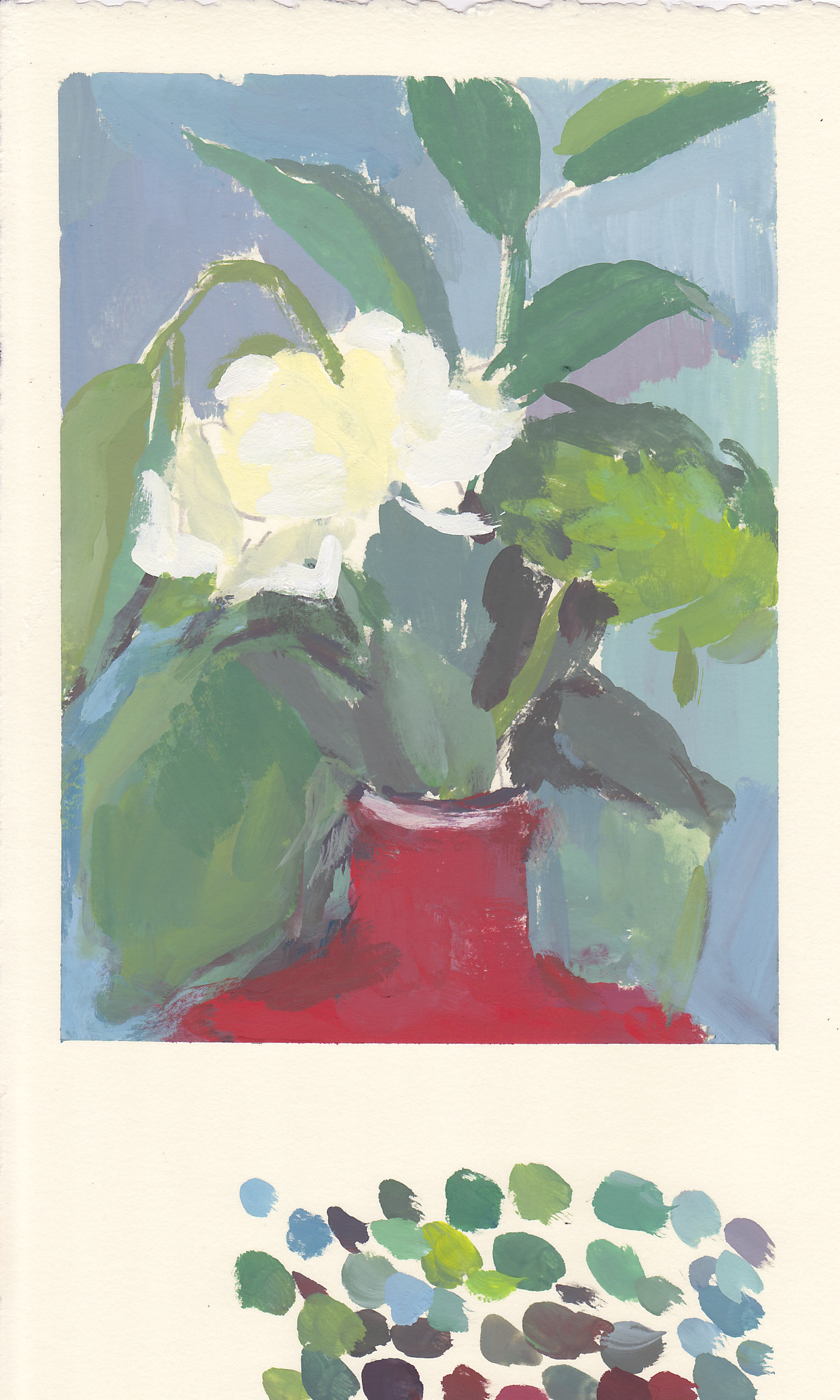    white flowers, red vase     gouache on paper 7.5 x 5.75" 2017   purchase  