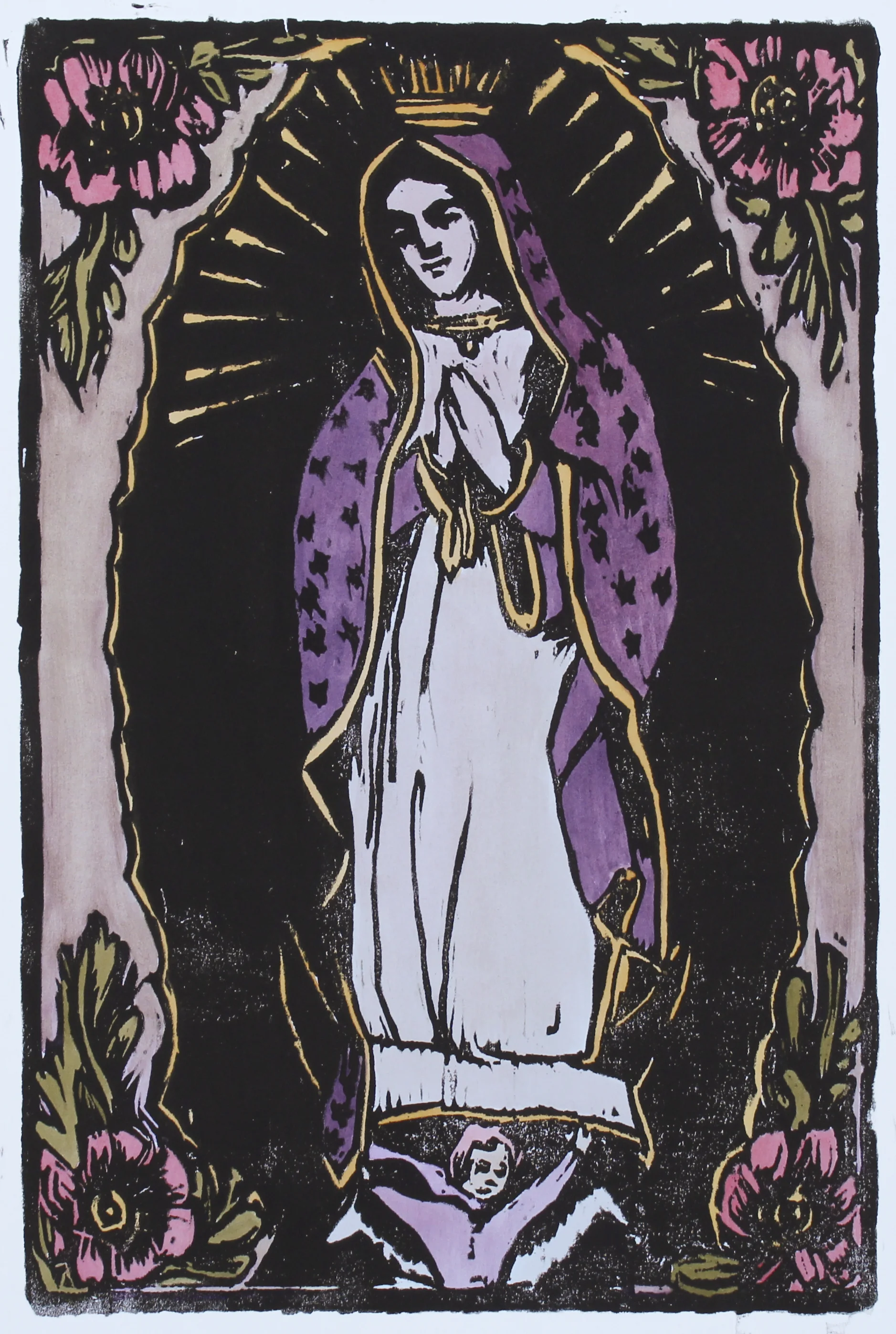 Our Lady of Guadalupe woodblock print with hand-coloring edition of 1 12x8" 2017