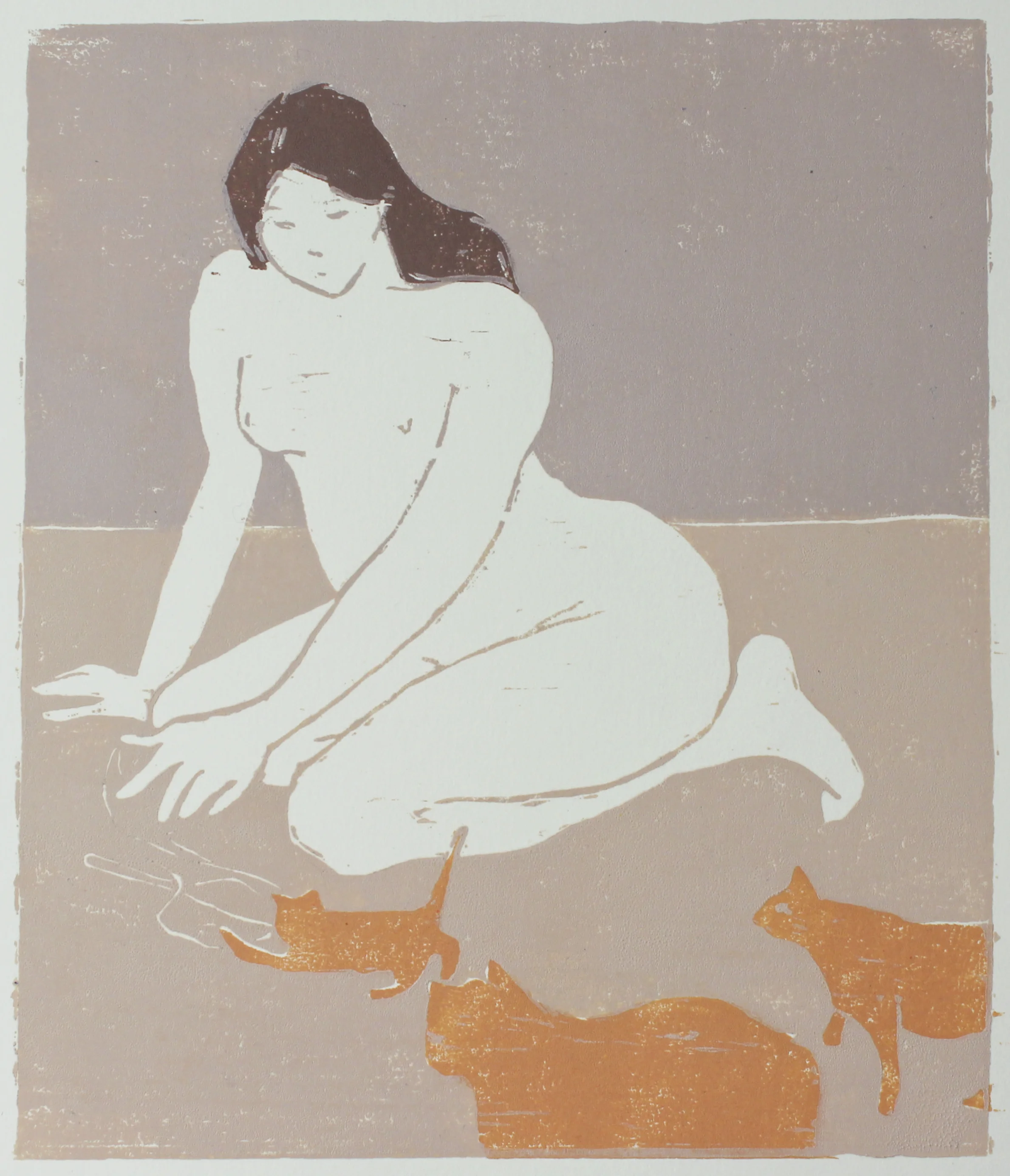 cat lady woodblock print edition of 1 8.5x10" 2018 private collection Nashville, TN
