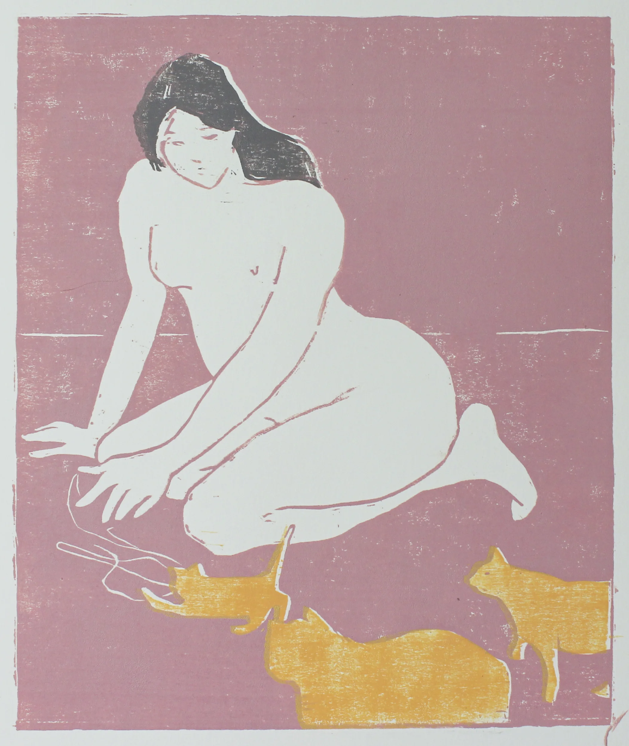 cat lady woodblock print edition of 1 8.5x10" 2018