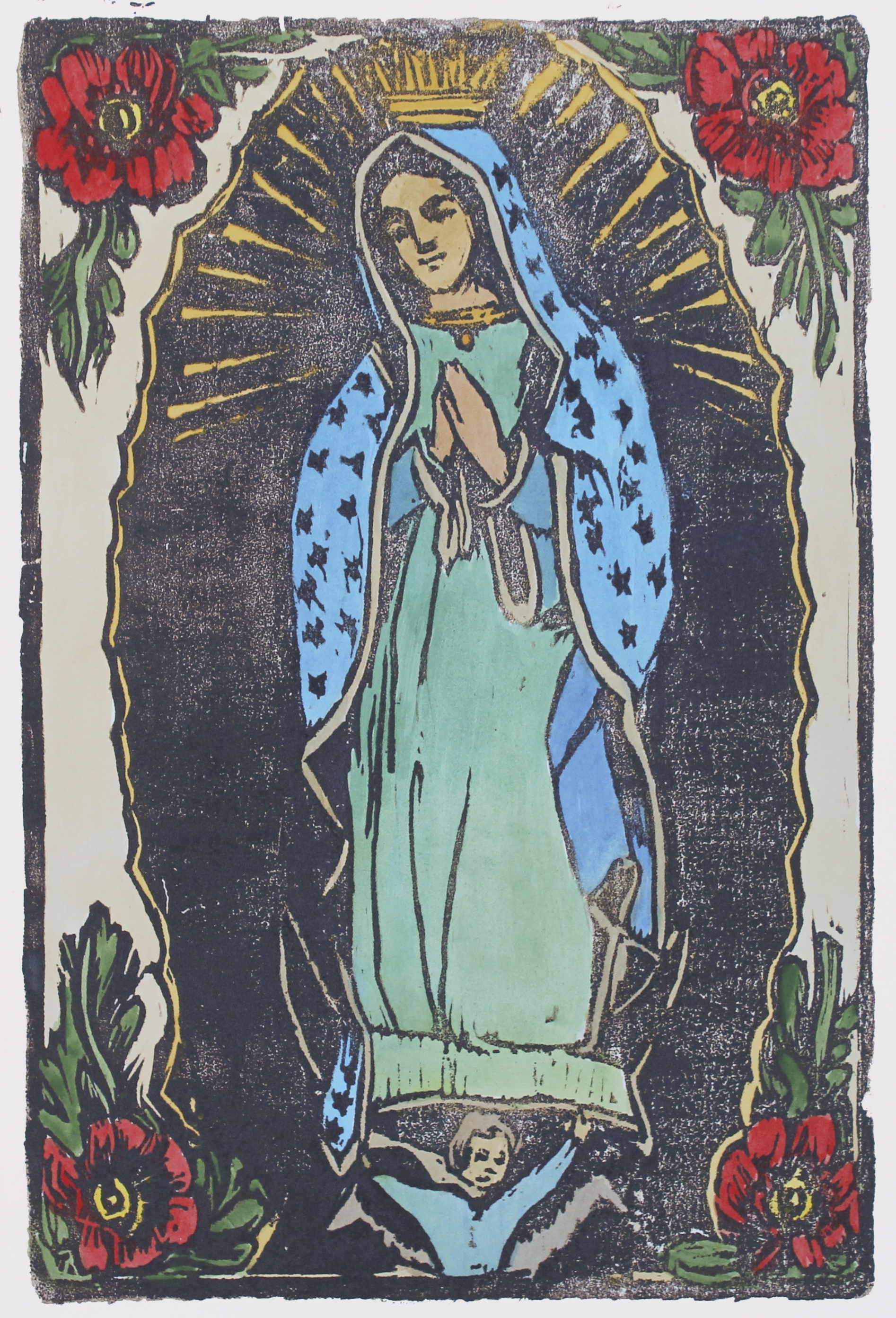   Our Lady of Guadalupe  woodblock print with hand-coloring edition of 1 12x8" 2017  private collection CA 