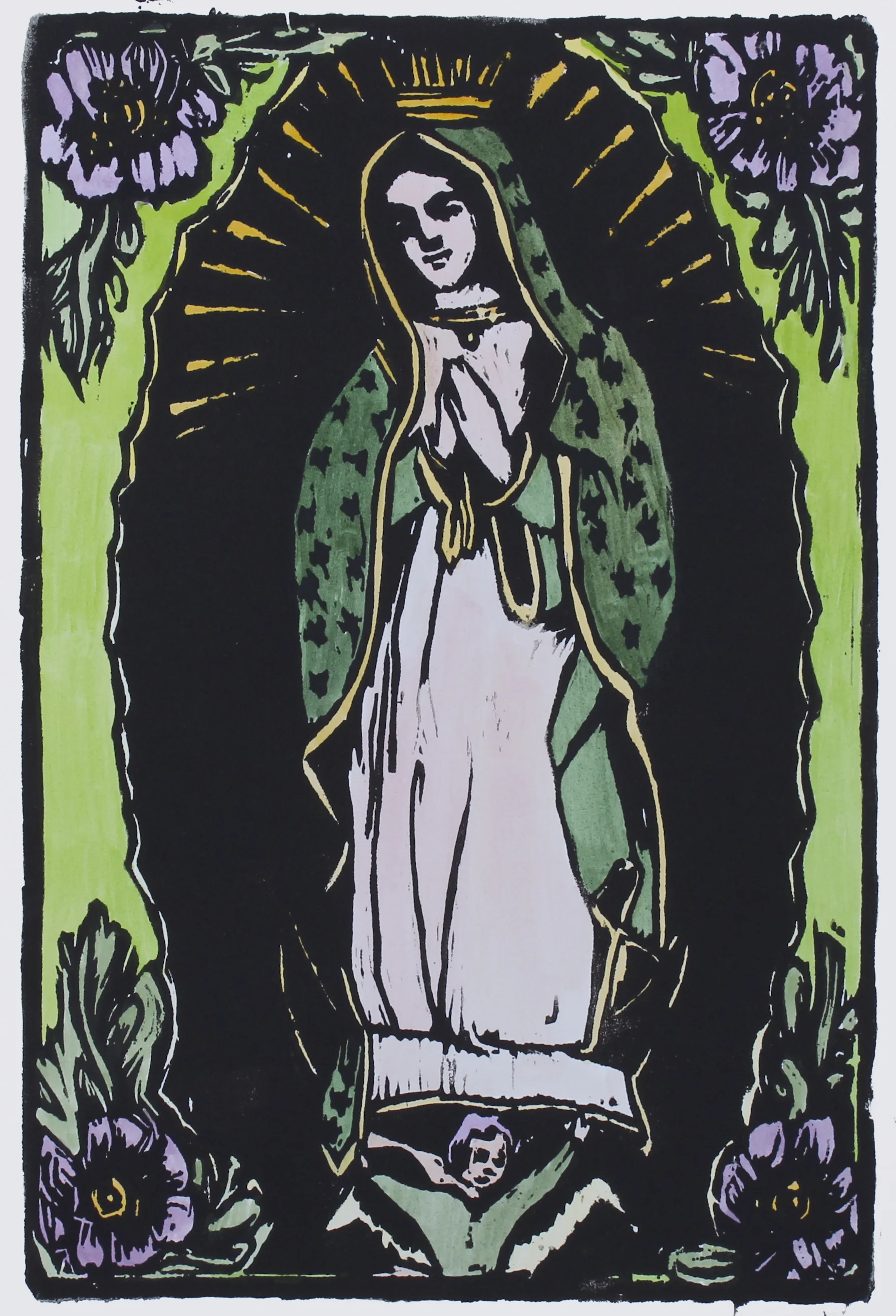 Our Lady of Guadalupe woodblock print with hand-coloring edition of 1 12x8" 2017