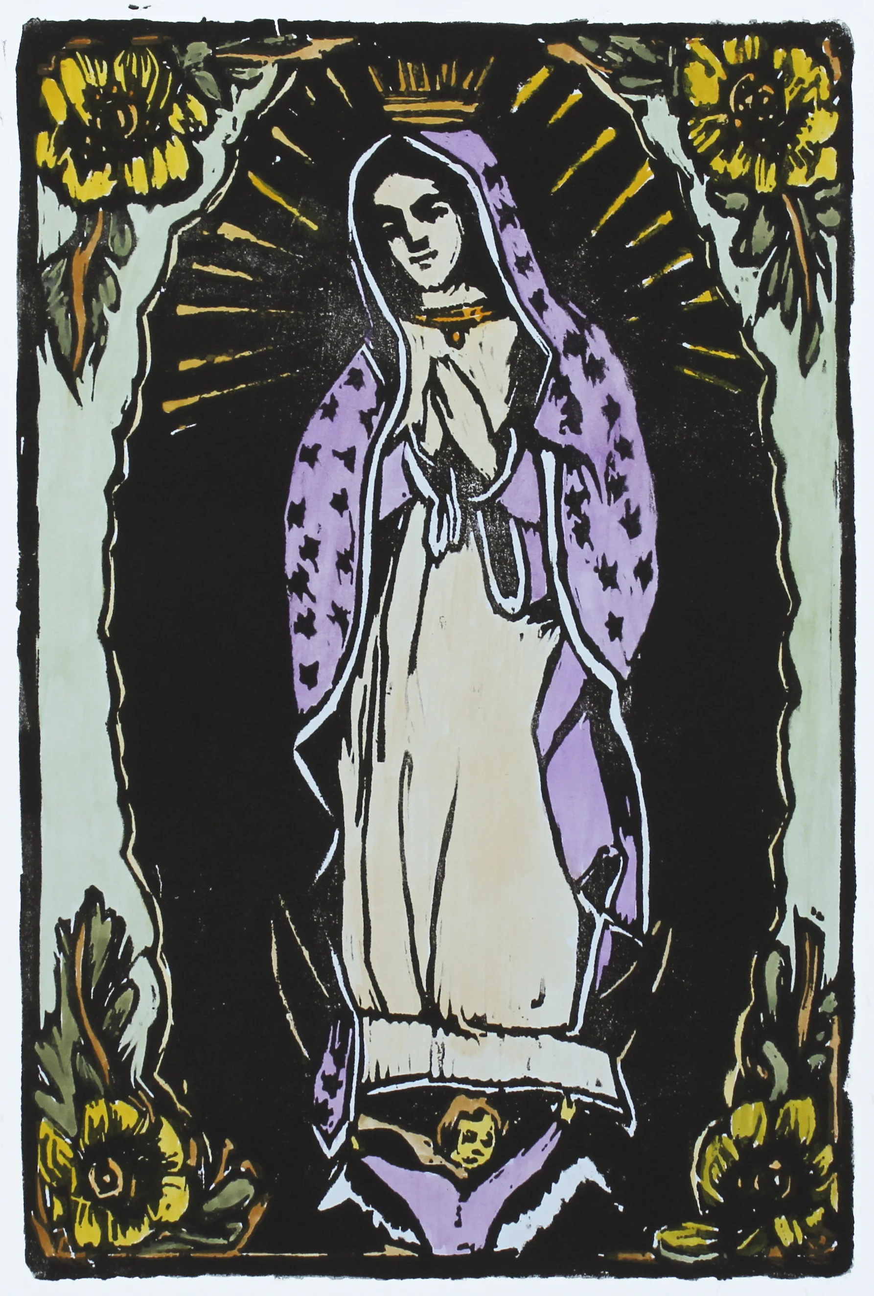 Our Lady of Guadalupe woodblock print with hand-coloring edition of 1 12x8" 2017