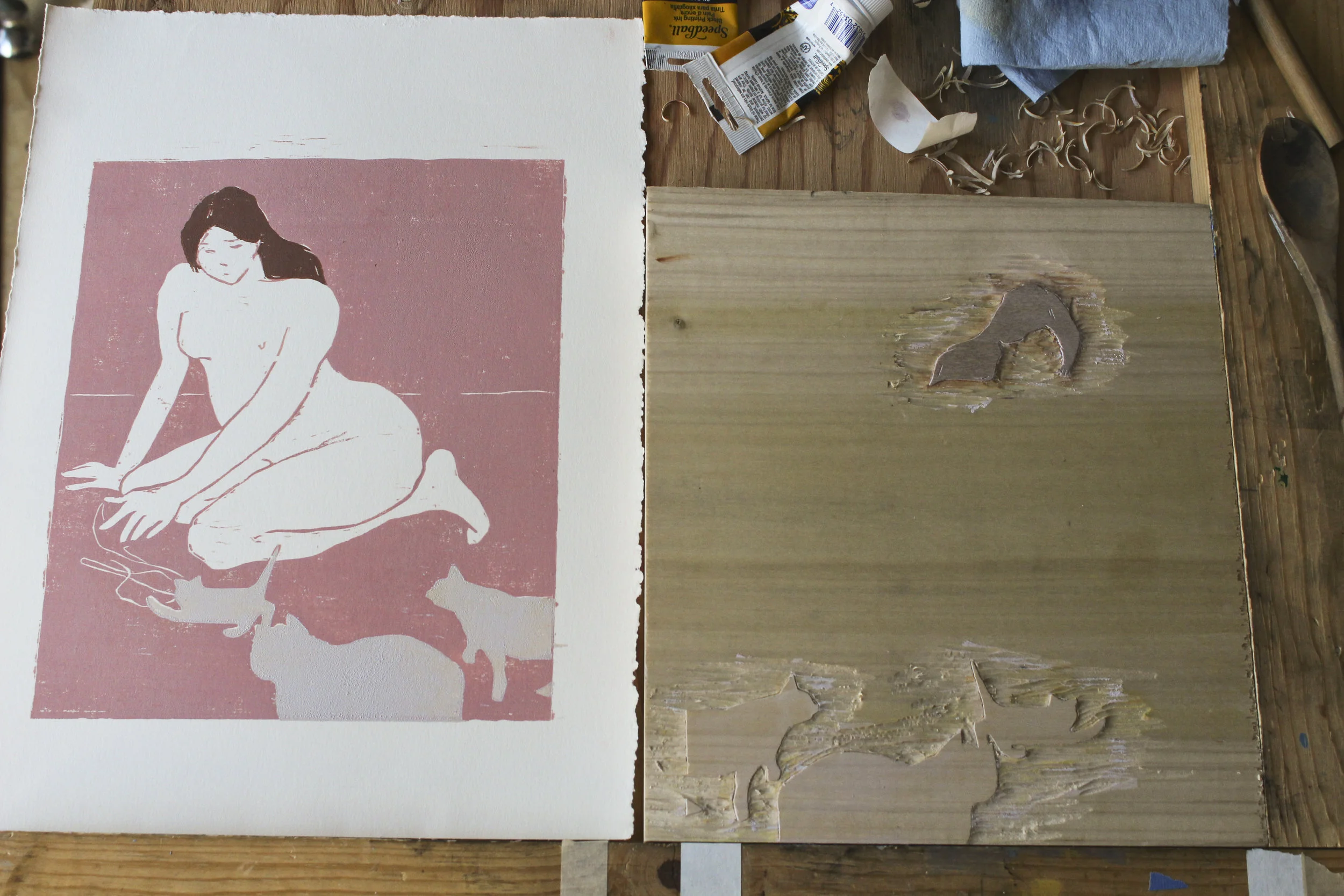 The second block printed. Cat Lady was inspired by a figure in a Felix Vallotton painting. Using these two blocks, I printed a small series of one-of-a-kind prints.