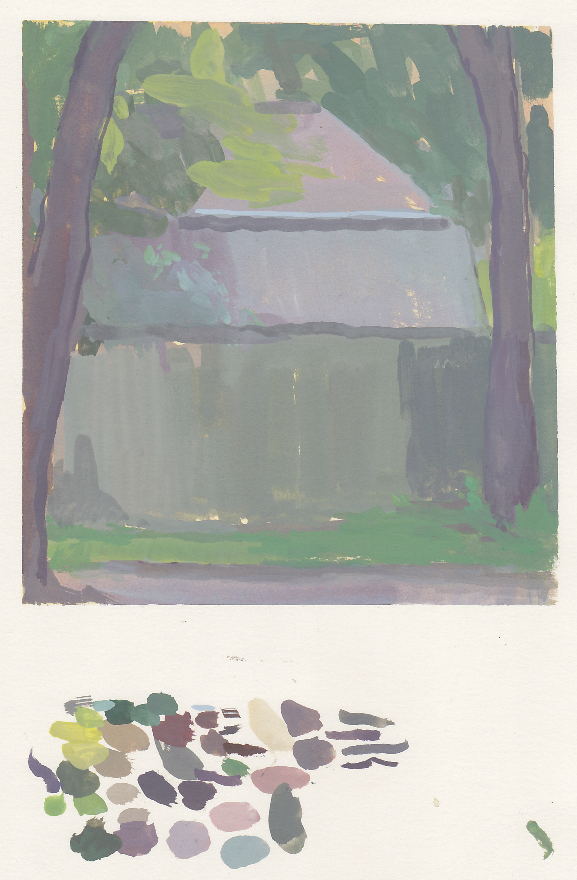 two roofs, two trees, and a fence gouache on paper 6x6.5" 2017 purchase
