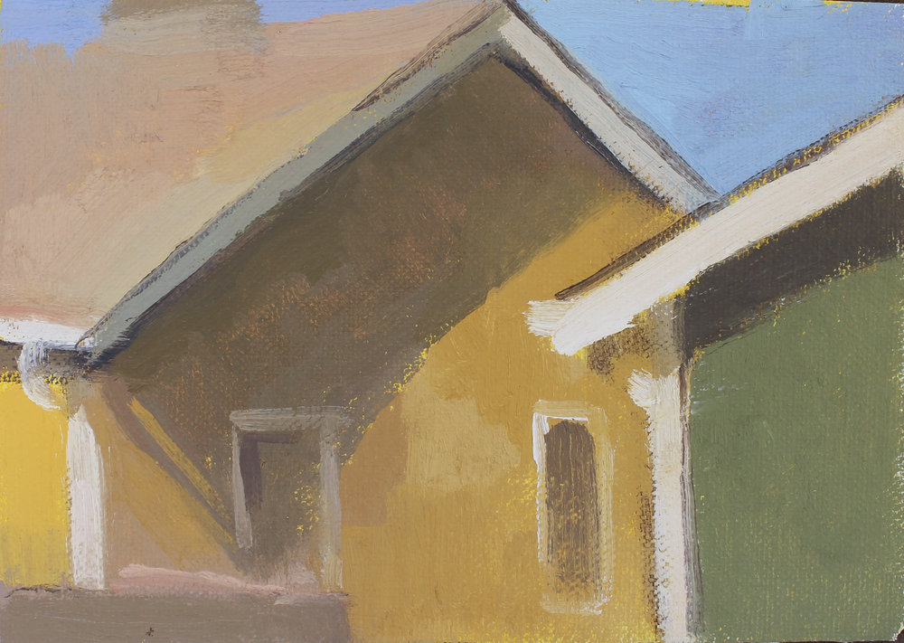  ochre home, blue sky, oil on canvas, 5x7,”  purchase  