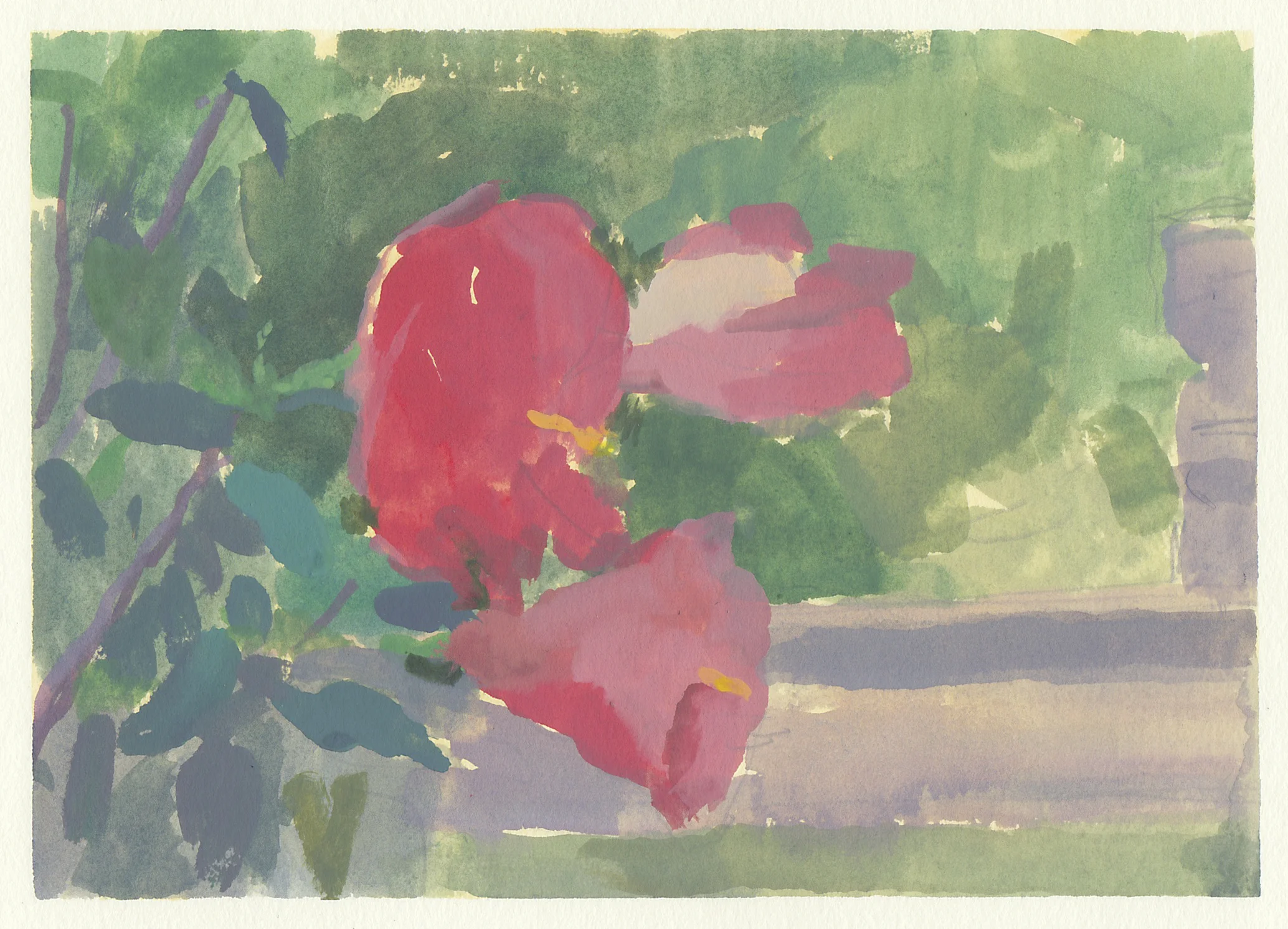 Three Red Hibiscus gouache on paper 4.5” x 6.5” 2018 purchase original