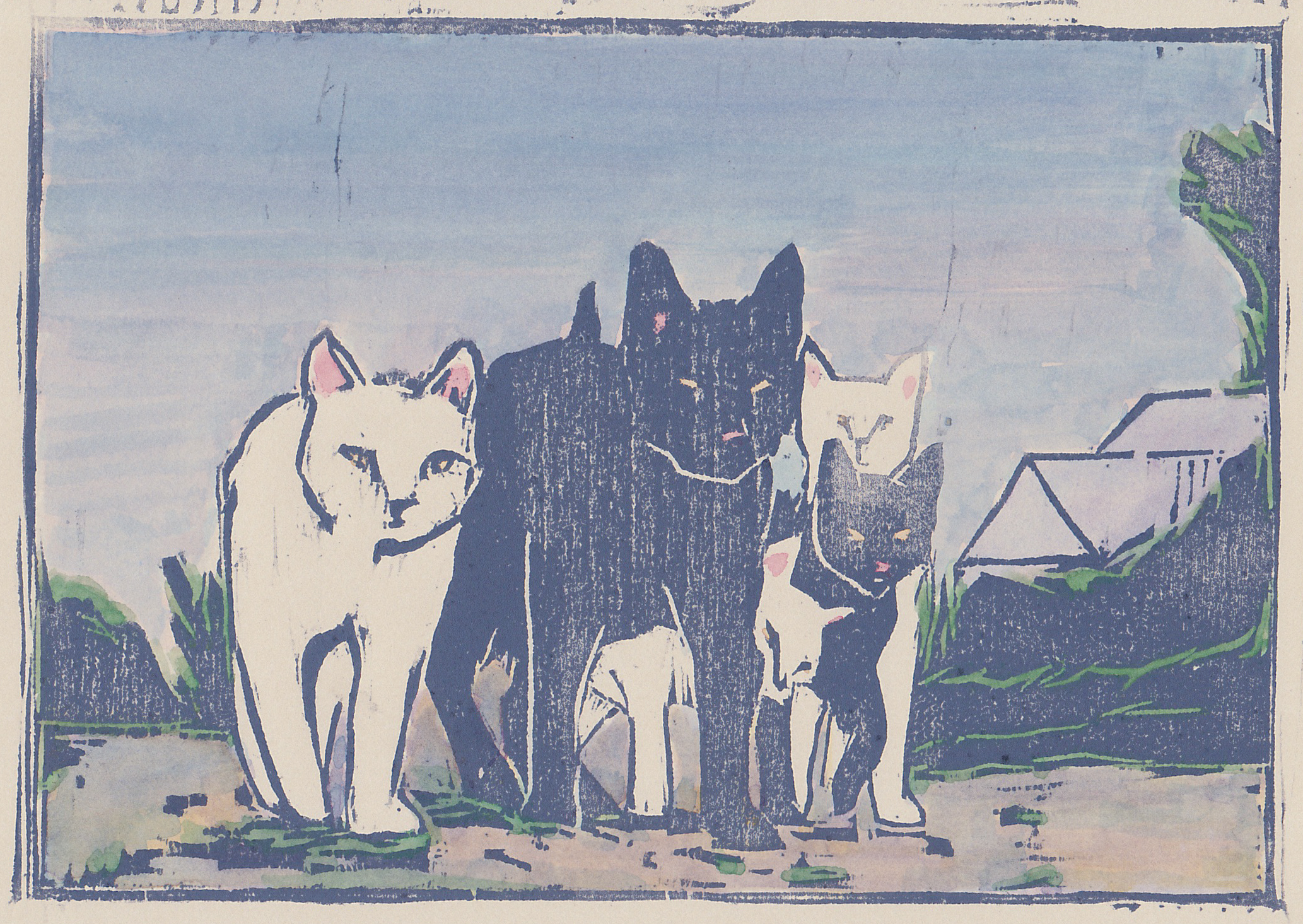   alley cats  woodblock print with hand-coloring 5x7" 2019  