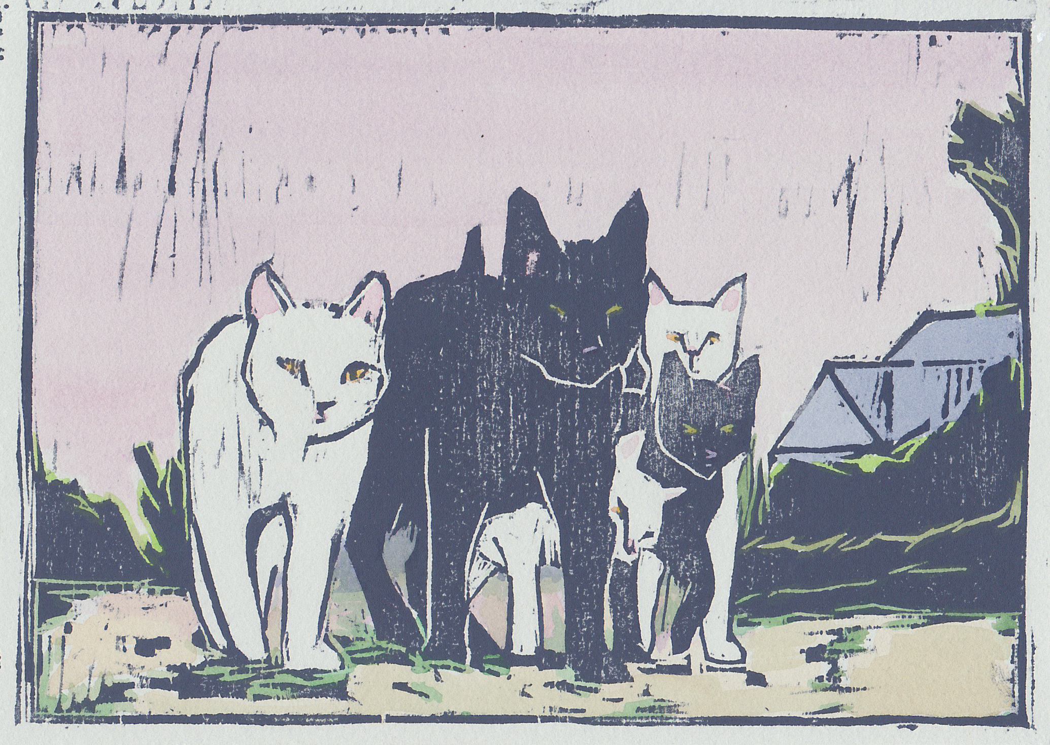   alley cats  woodblock print with hand-coloring 5x7" 2019   purchase  
