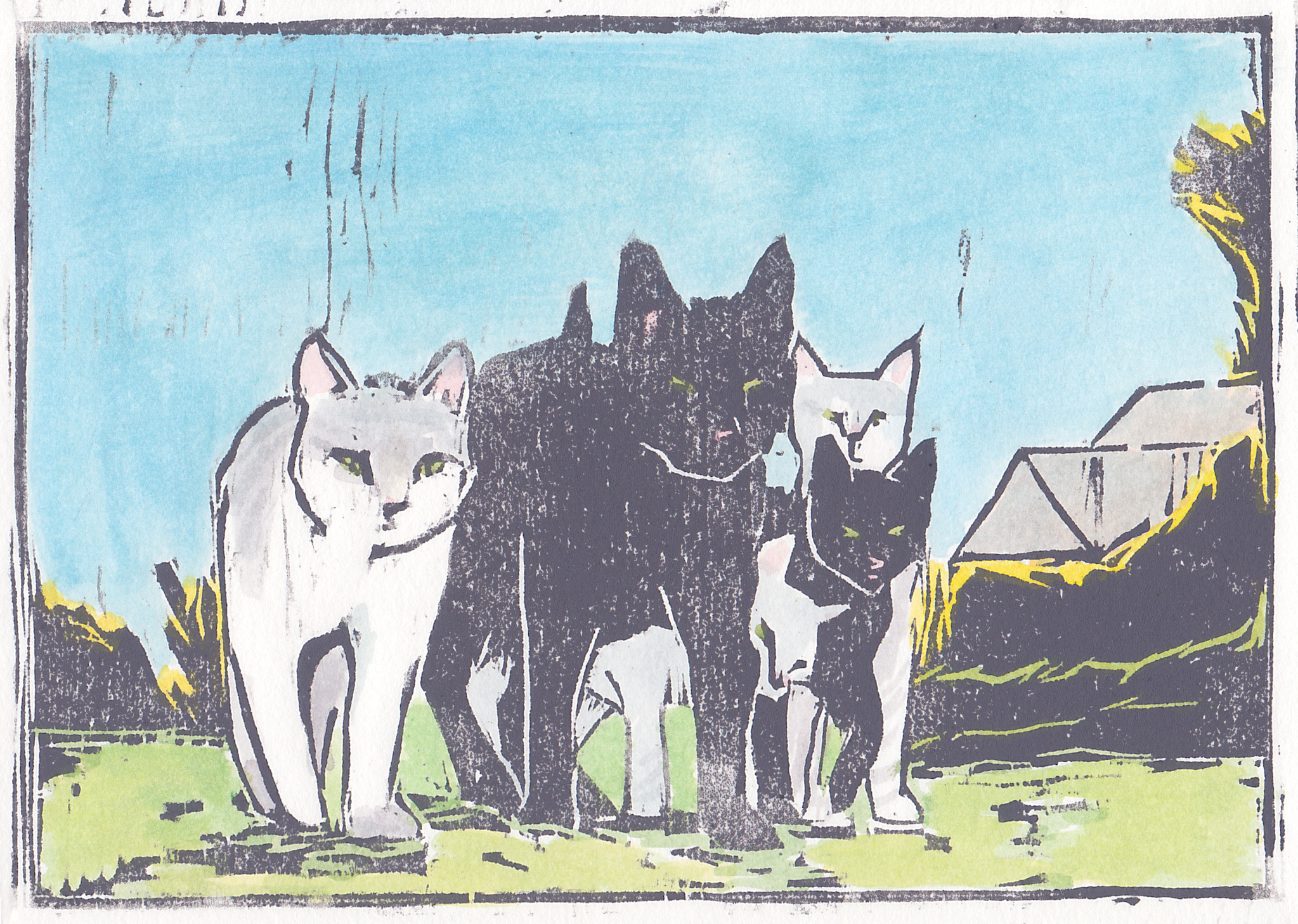   alley cats  woodblock print with hand-coloring 5x7" 2019  private collection Manasquan, NJ 