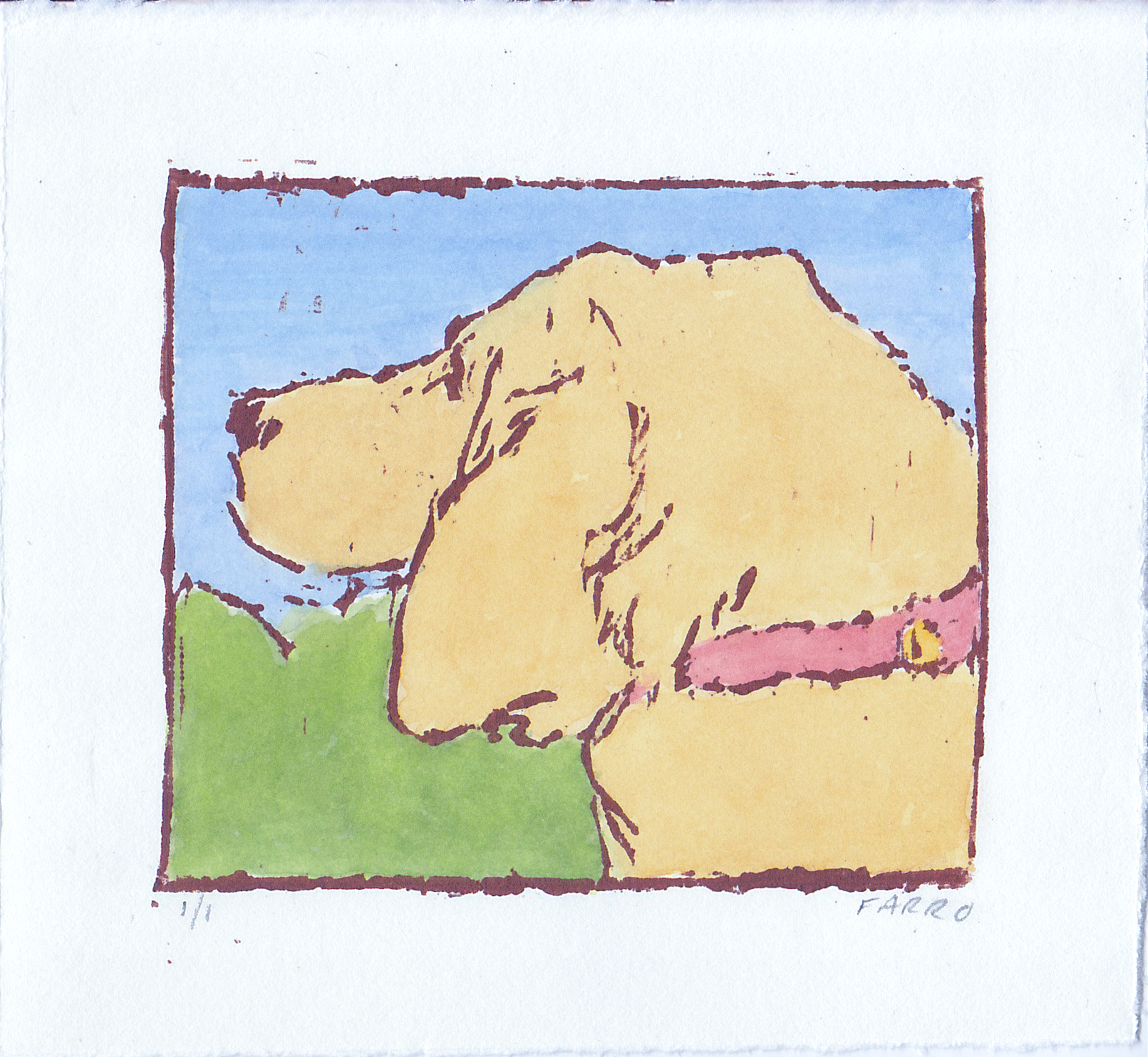   Hound Dog  woodblock print with hand-coloring edition of 1 3.75" x 3.25" 2019   purchase  