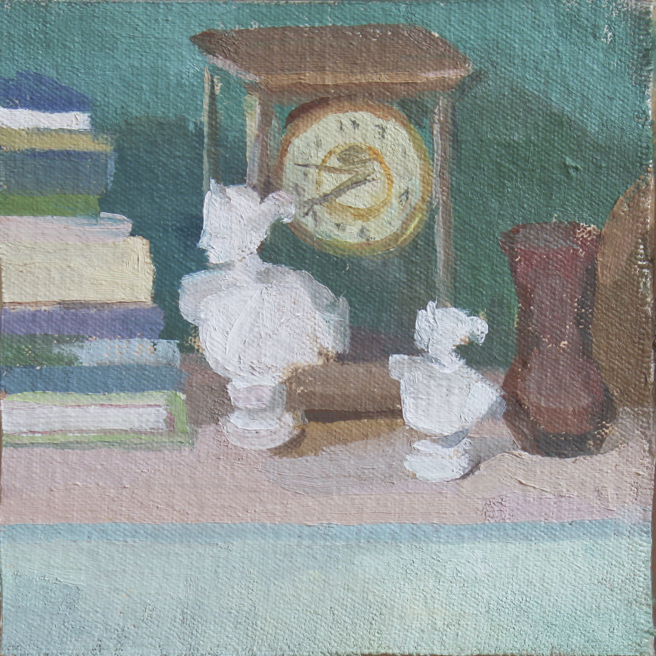    Still Life with Athena and Great Grandfather’s Clock   oil on mounted canvas 6 x 6” 2020  private collection Italy 