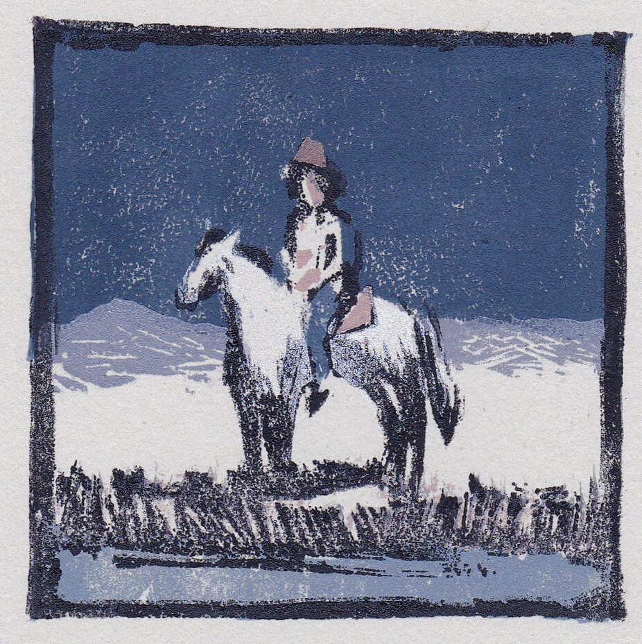    Night Rider     woodblock print edition of 1 2.75 x 2.75" 2020  private collection Jackson, WY 