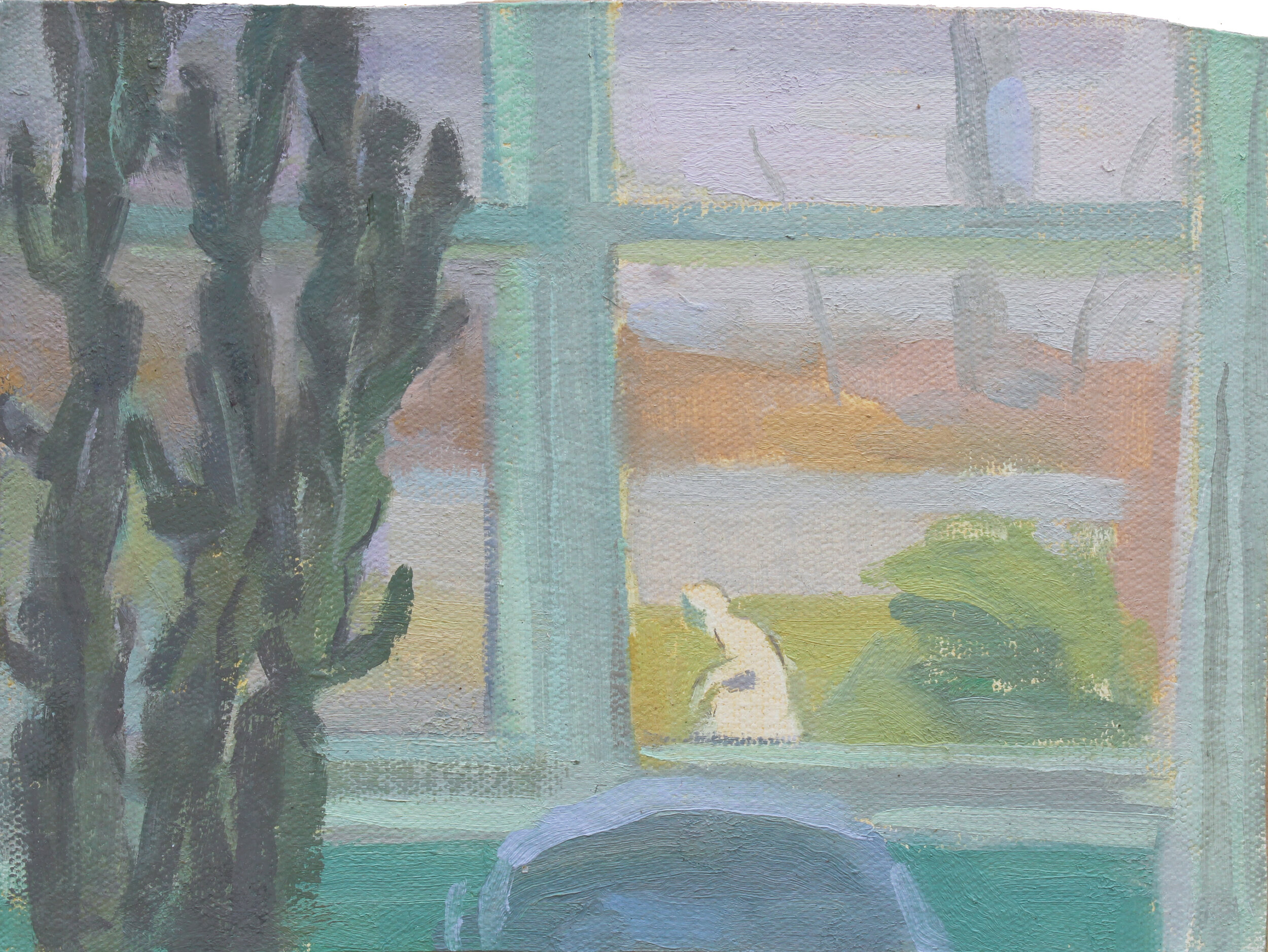    Window View with Blue Chair, Cactus, and Statue   oil on canvas 6 x 8” 2020   purchase  