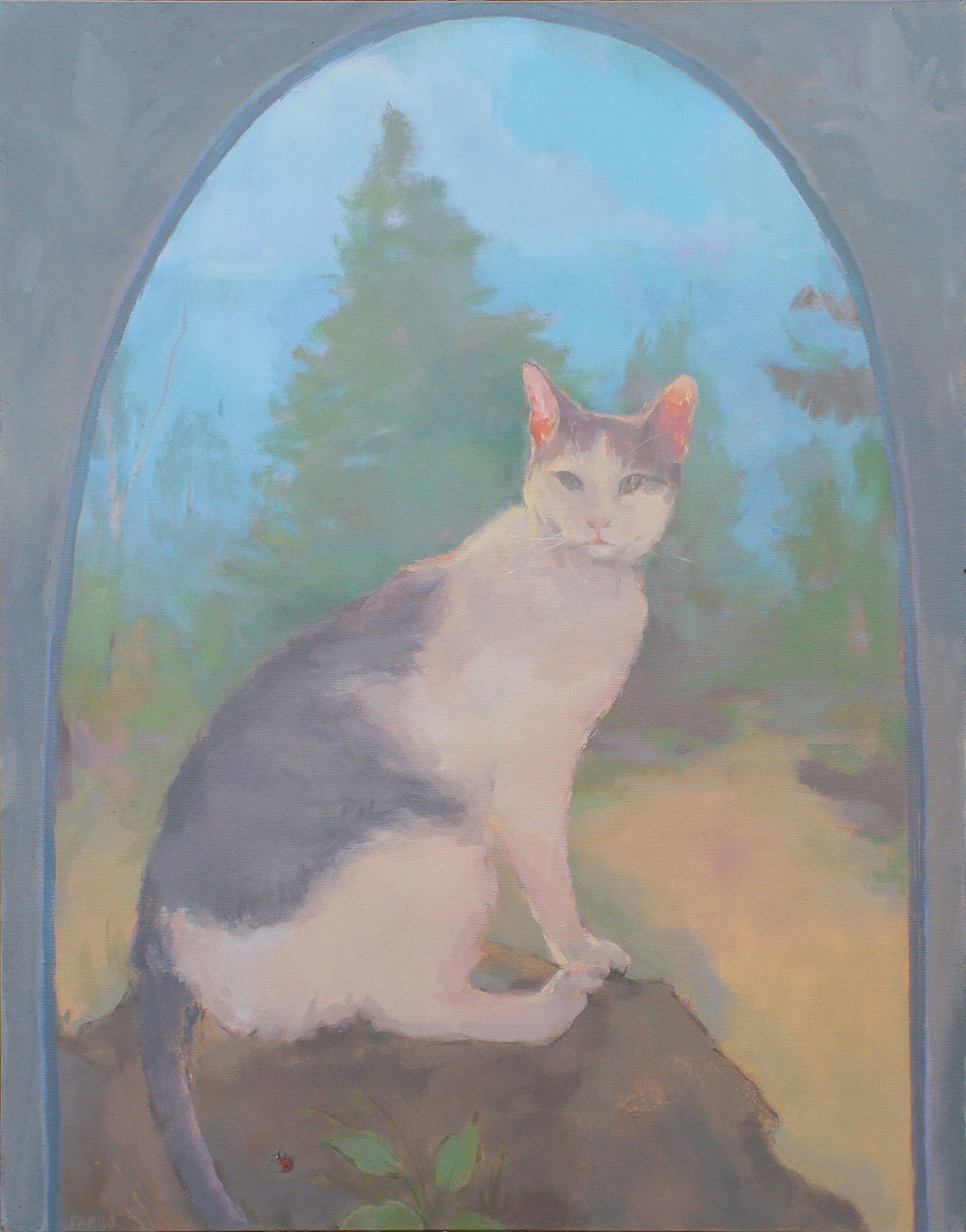    Cat with Pines, Rock, and Ladybug   oil on canvas 28 x 22” 2020  collection of the artist 