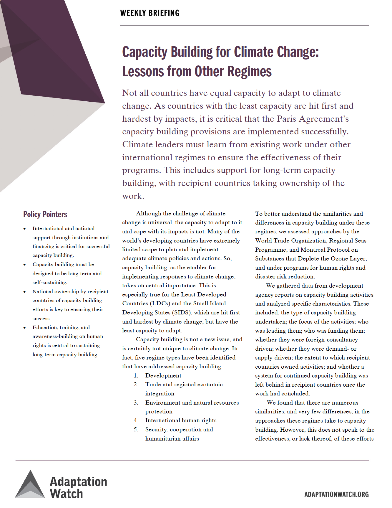 Capacity Building for Climate Change: Lessons from Other Regimes