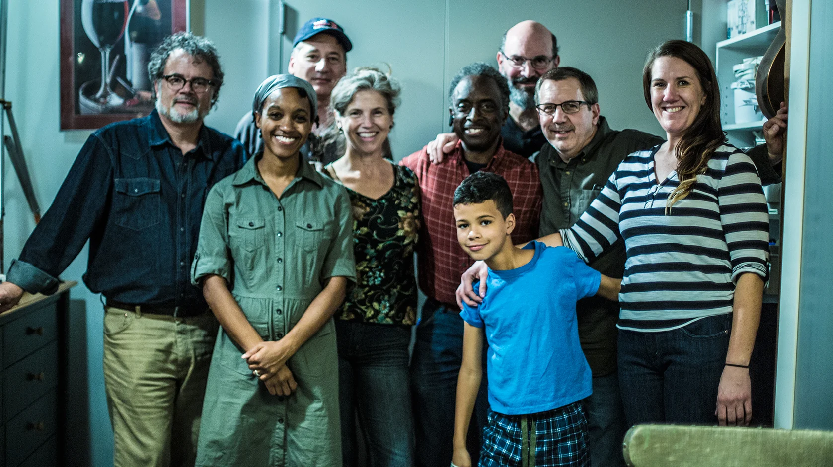 At the Wrap: Some of the cast & crew of Peach Pie. Front row: Robin JaVonne Smith, Jalon, and Meghann, Jalon's Mom. Second row: Howard Philips, Kathryn Howell, Roberto Mighty, Richard Fomo. Third row: Daniel Jacobs, Chuck Green. Not pictured: Brian Galford, Chuck Rosina, Diane Andronica, Jacoby, Johnny Quinones, Shawn Read & Tim Ouillette (he took the photo)